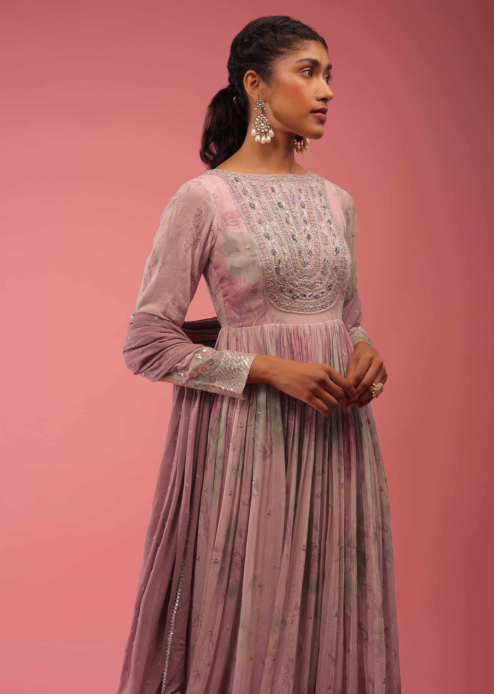 Dusty Lilac In Multi-Color Floral Print Anarkali Suit, Crafted In Full Sleeves With Sequins In Flora Motifs Around The Yoke