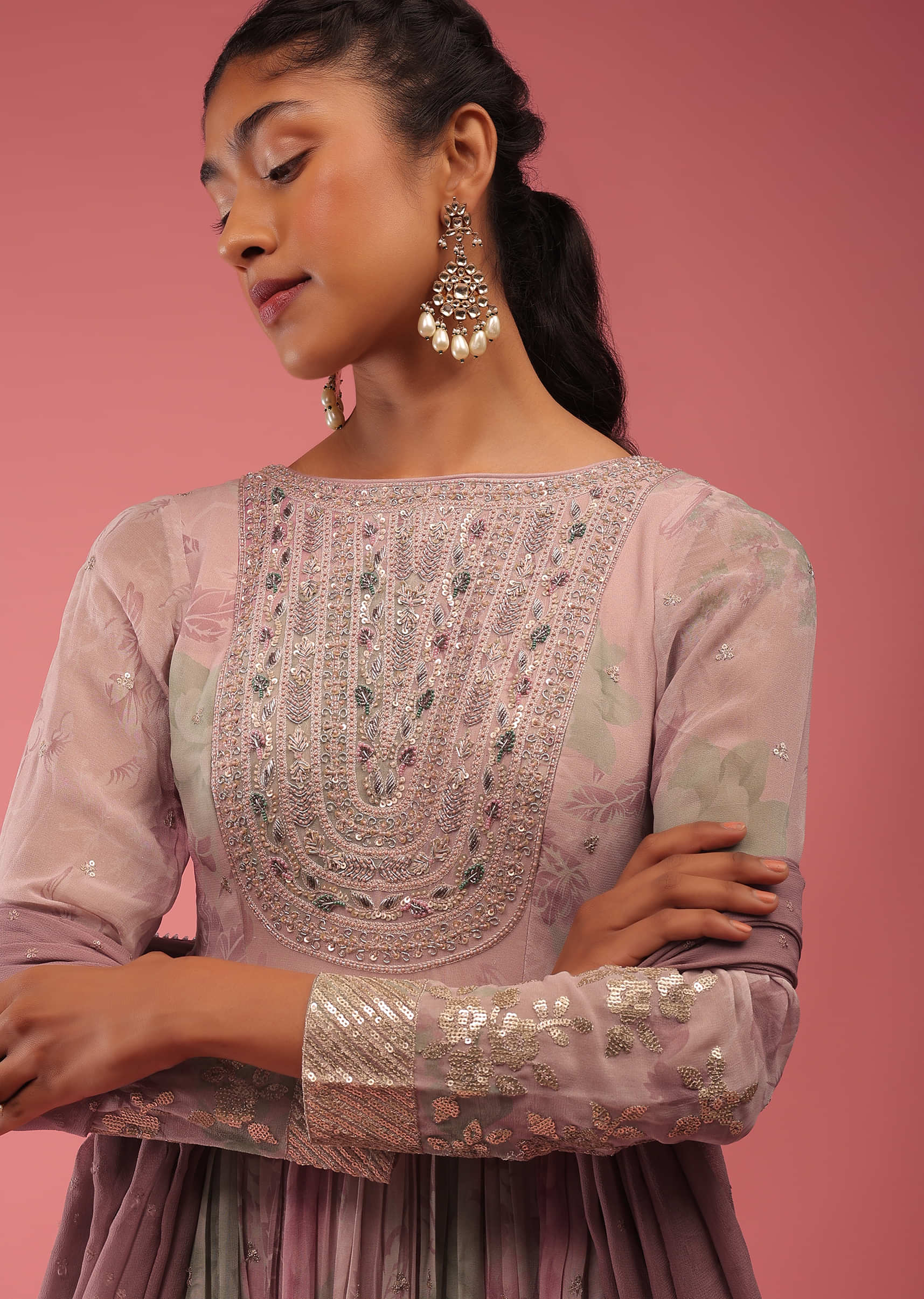 Dusty Lilac In Multi-Color Floral Print Anarkali Suit, Crafted In Full Sleeves With Sequins In Flora Motifs Around The Yoke