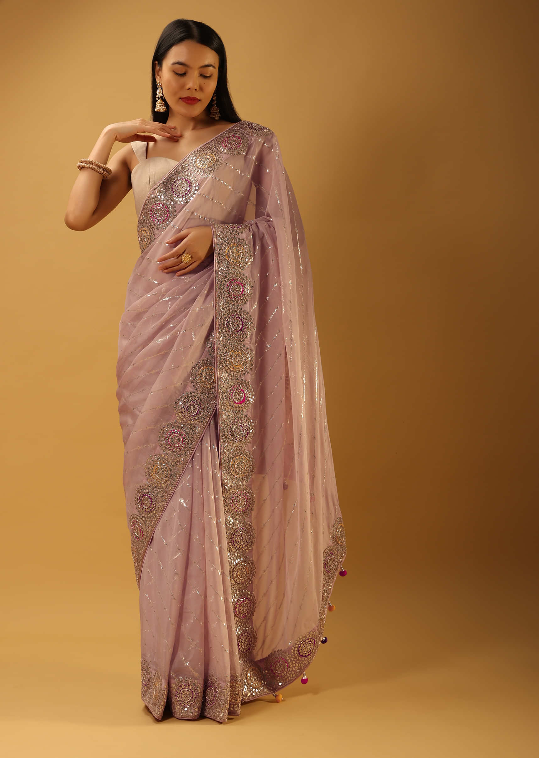 Dusty Lilac Saree In Organza With Lurex Woven Diagonal Stripes And Multi Colored Applique Border 