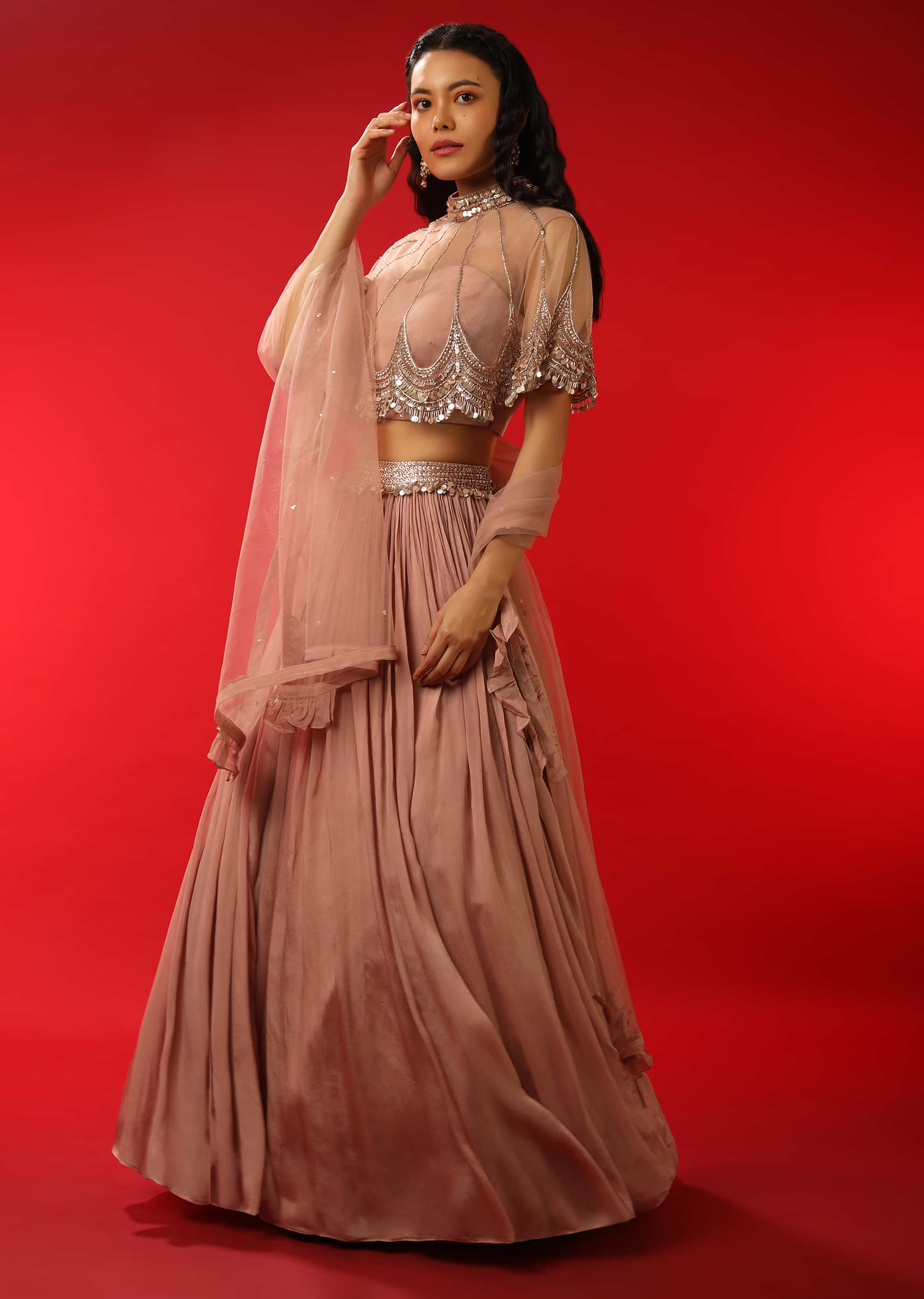 Dusty Mauve Skirt And Crop Top With Attached Net Cape And Adorned In Sequins And Zardosi Embroidery 