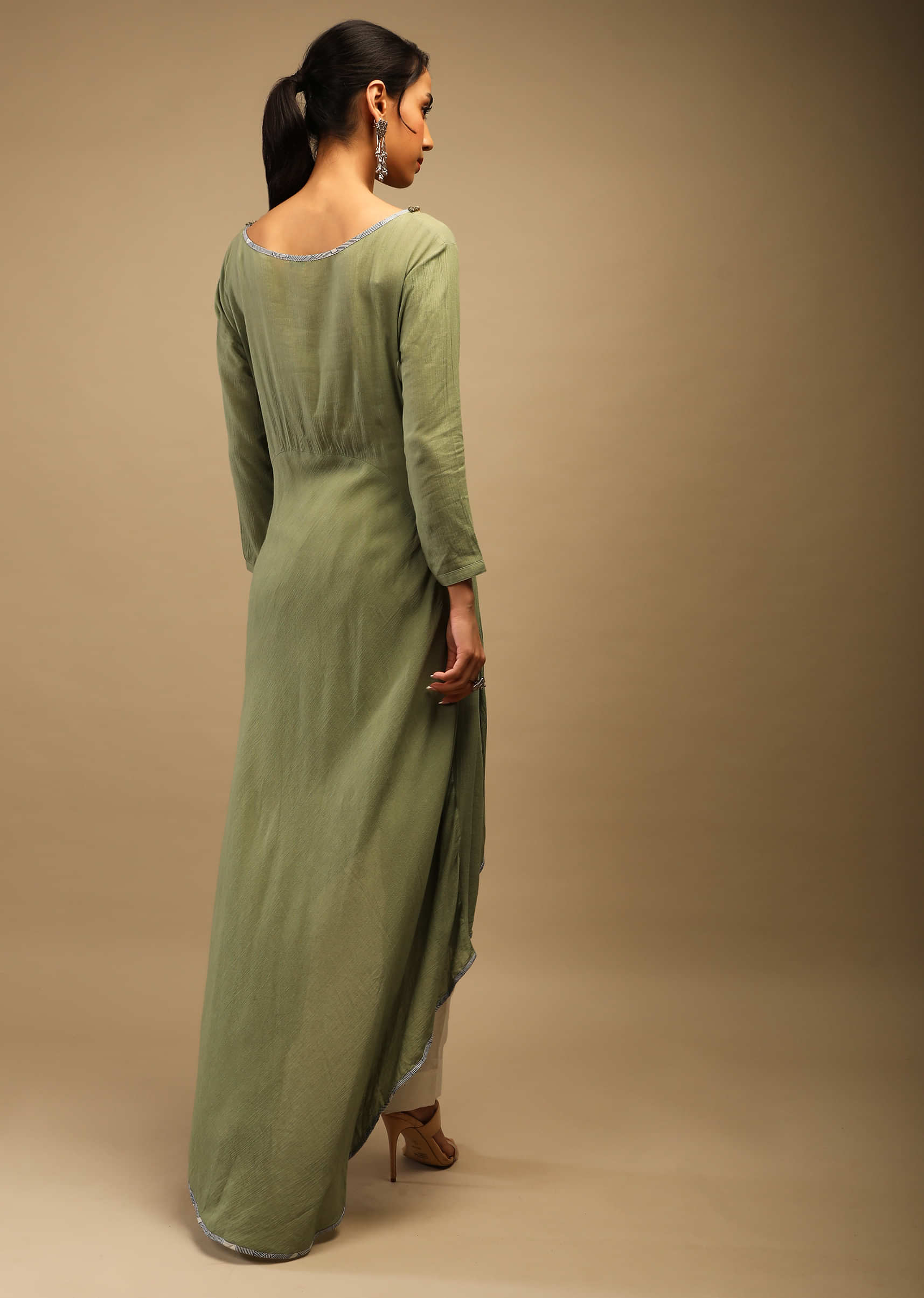 Dusty Olive Tunic In Chiffon With High Low Hemline And Sequins Work On The Neckline 