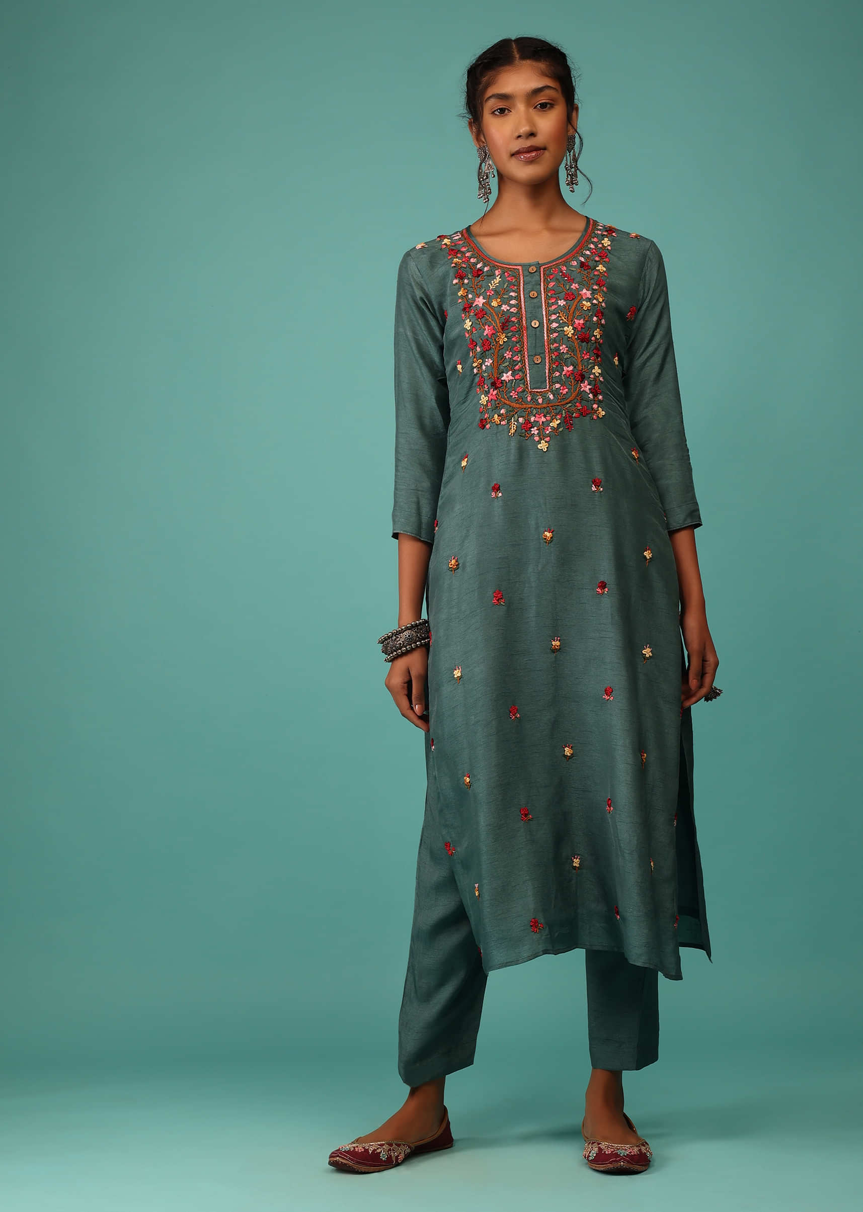 Bayou Blue Kurta Set In Dola Silk With Kashmiri Thread Embroidery & 3D Floral Work