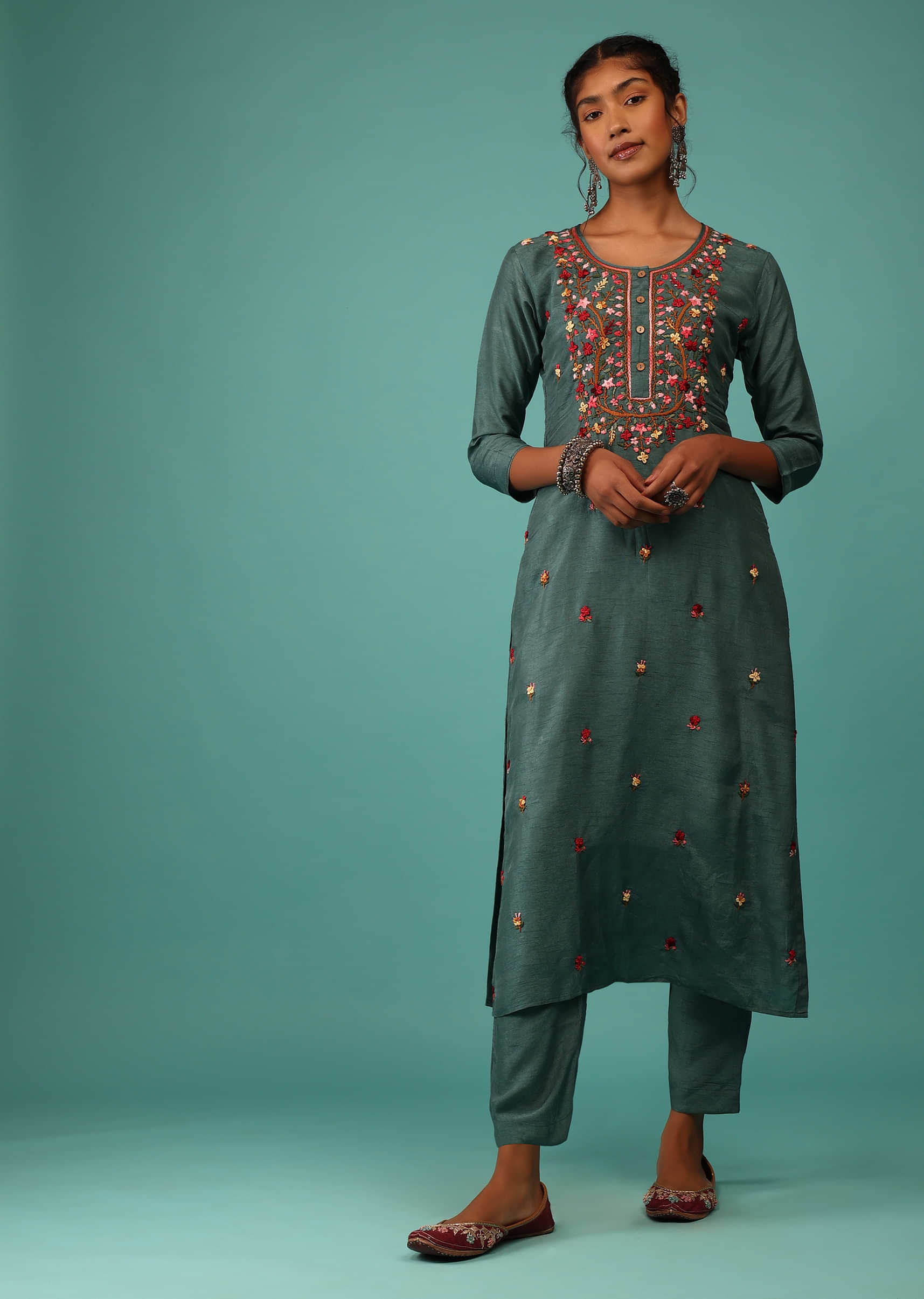 Teal Blue Kurta Set In Dola Silk With Kashmiri Thread Embroidery & 3D Floral Work