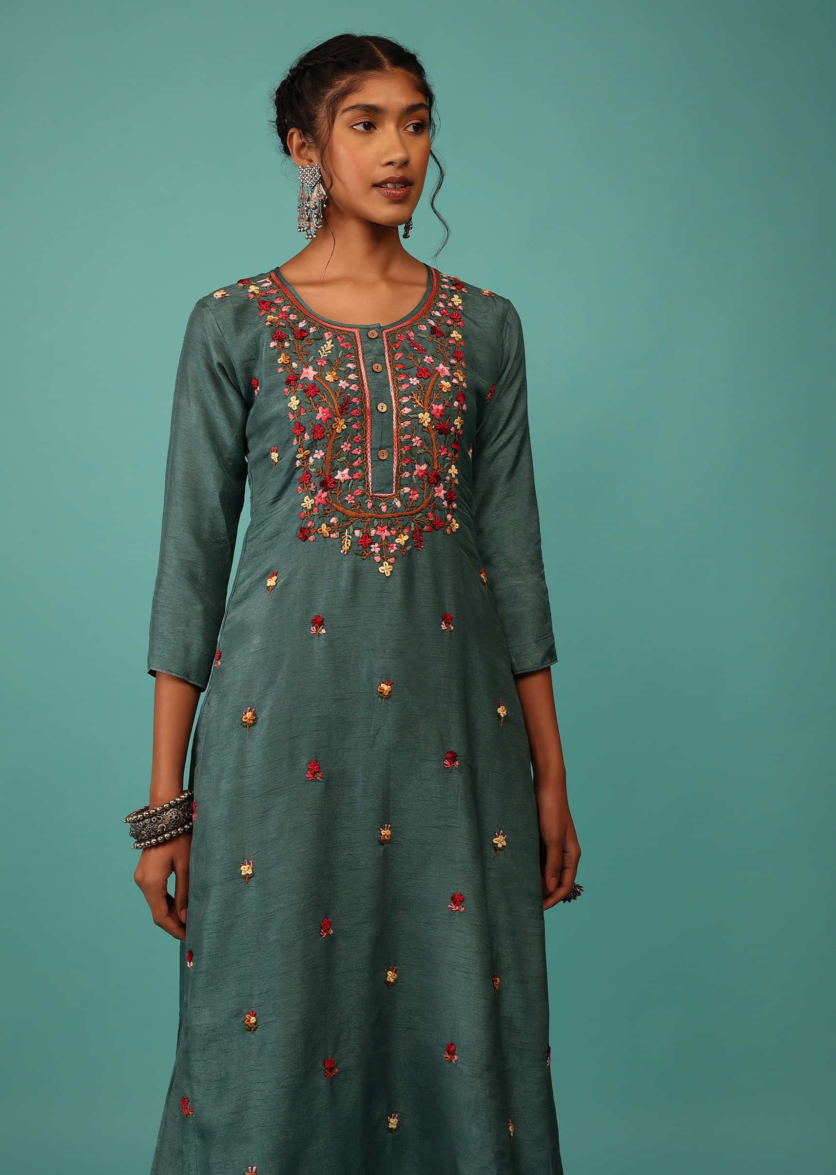 Teal Blue Kurta Set In Dola Silk With Kashmiri Thread Embroidery & 3D Floral Work