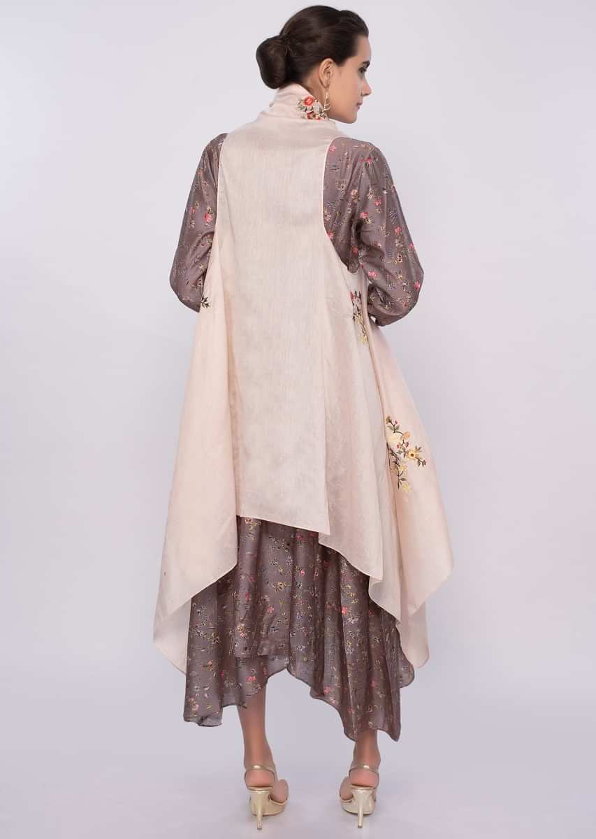 Dutch coca grey cotton silk asymmetric kurti with cream embroidered jacket only on Kalki