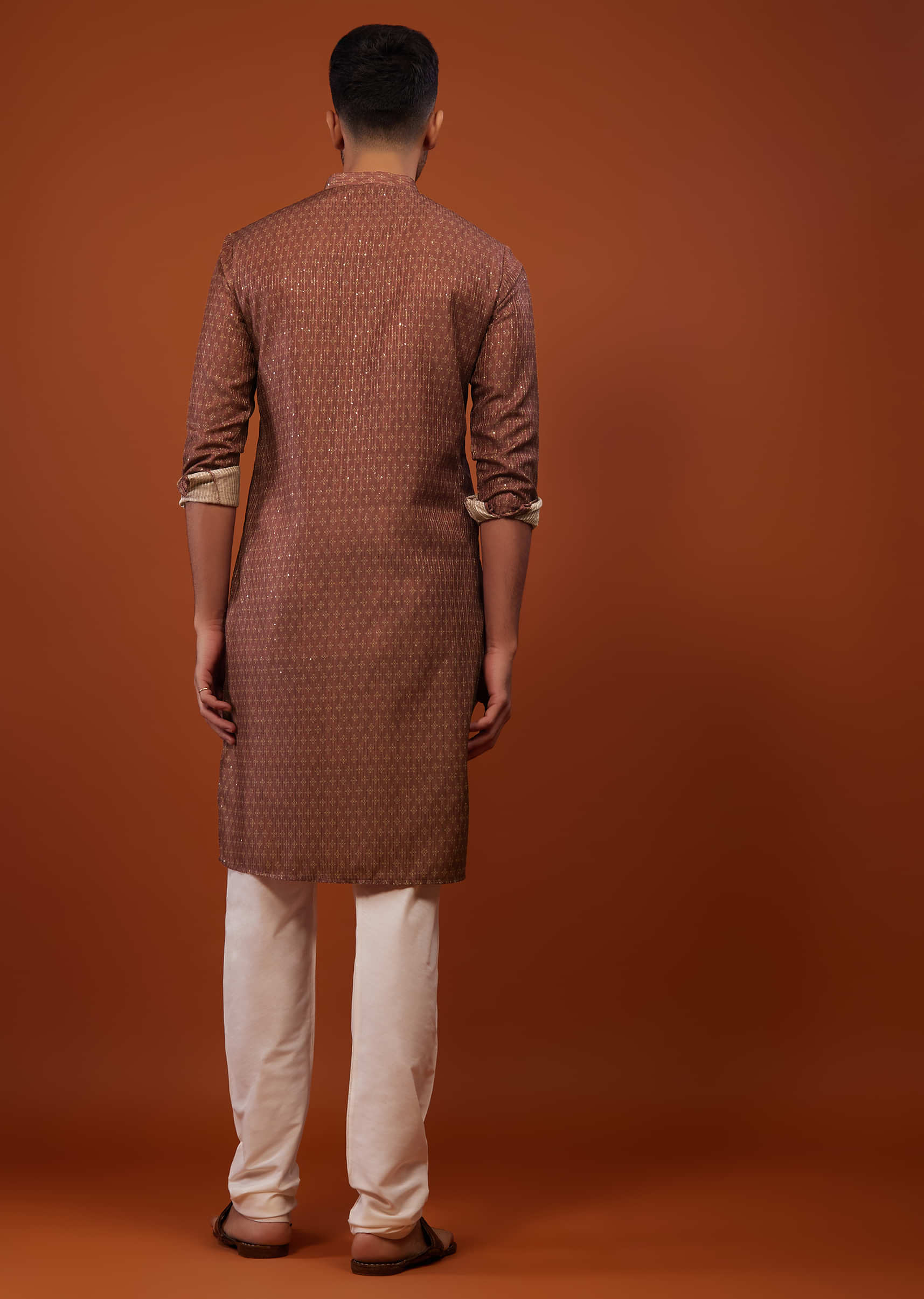 Brick Red Embroidered Kurta Set With Print And Thread Work In Cotton Silk