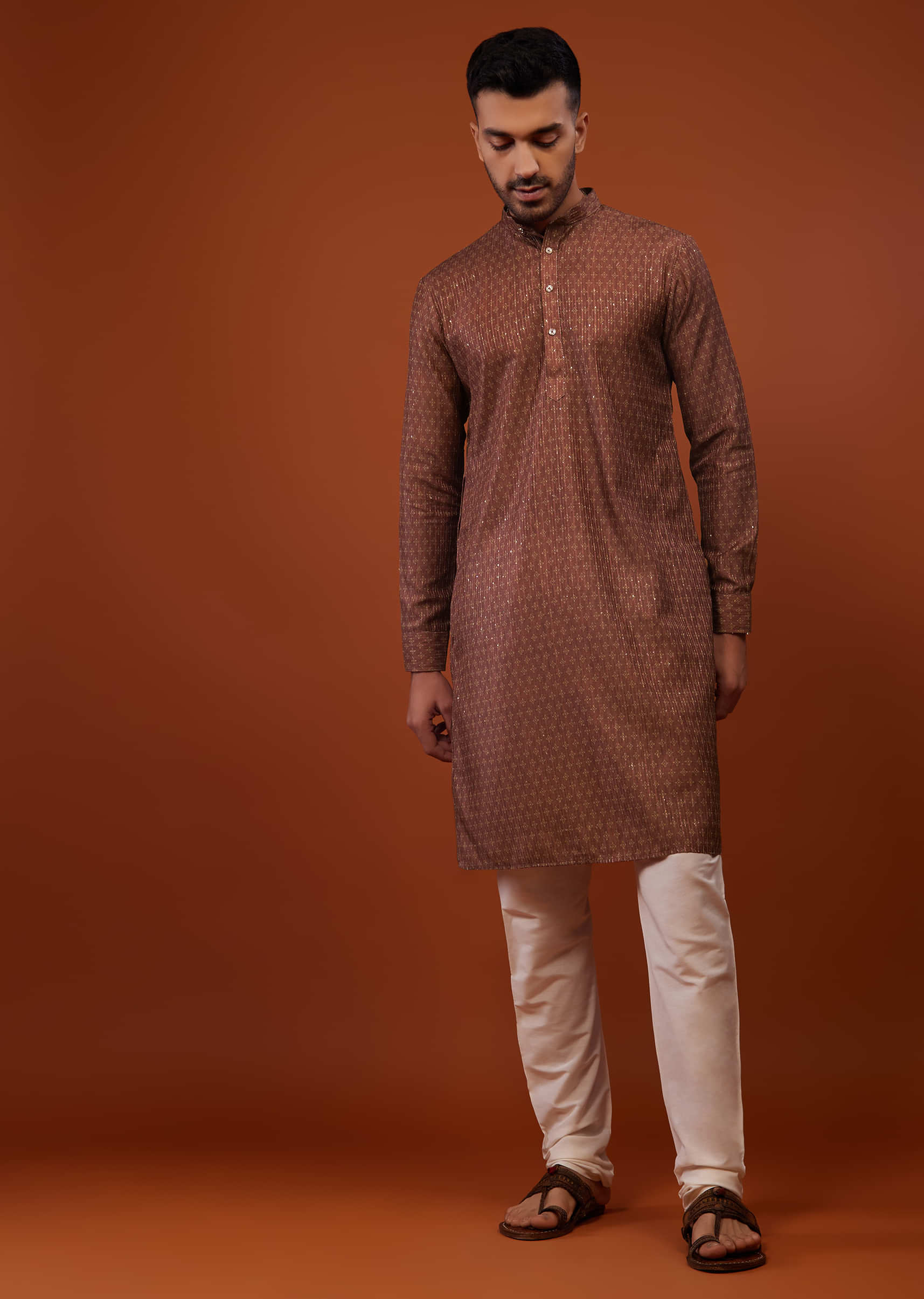 Brick Red Embroidered Kurta Set With Print And Thread Work In Cotton Silk