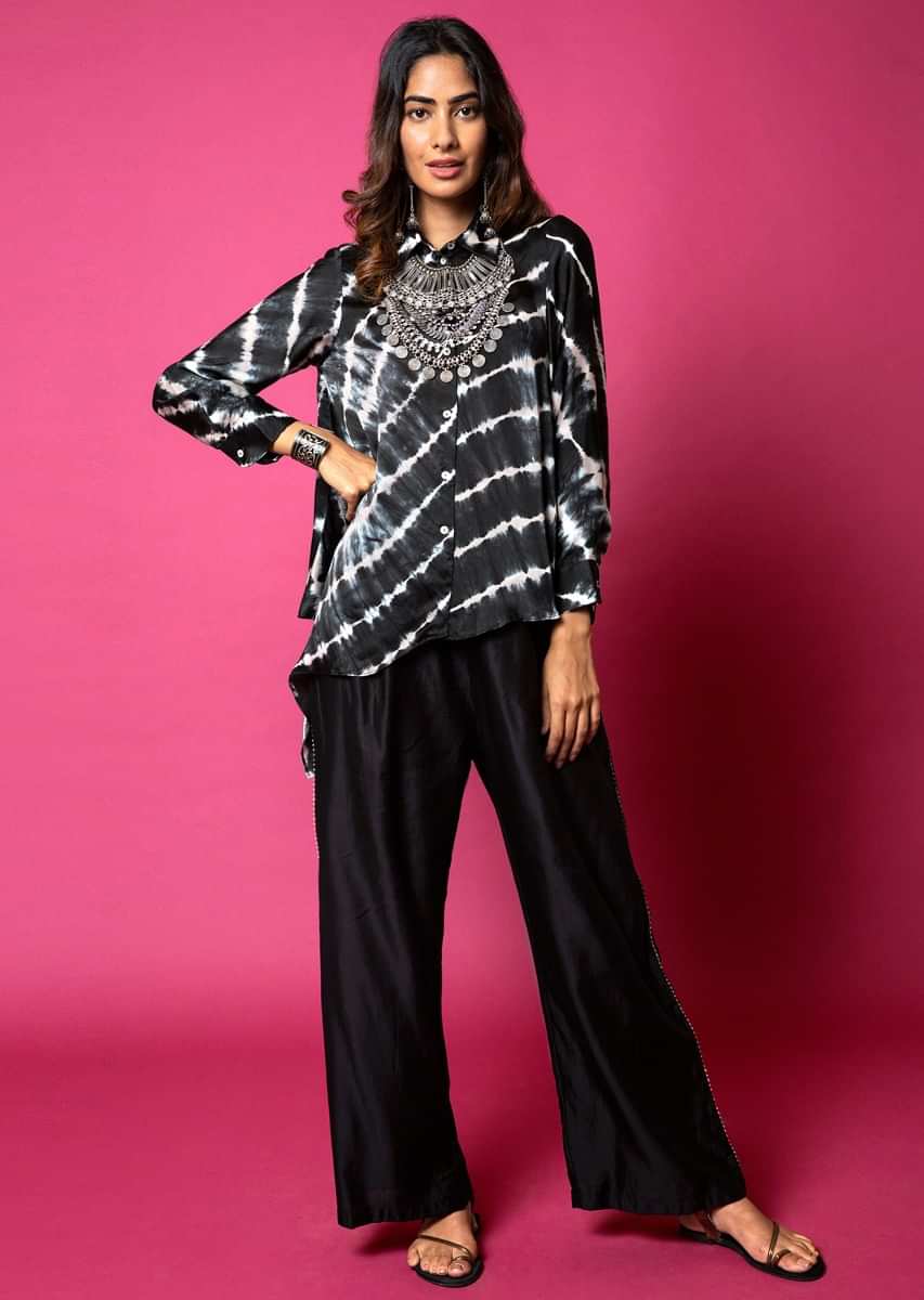 Ebony Black Asymmetric Shirt And Pants With Resist Hand Dyed Lehariya And Shell Buttons 