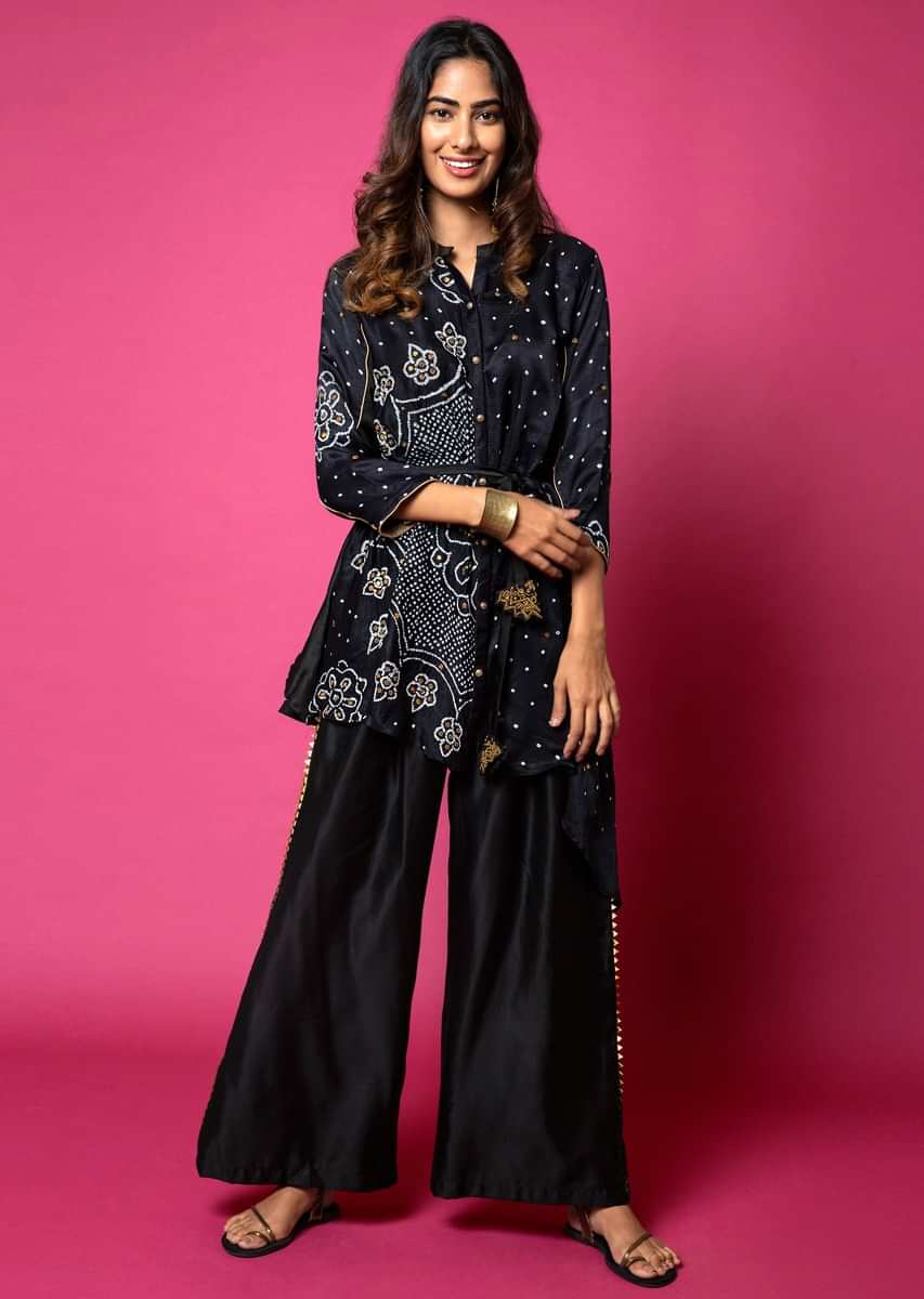 Ebony Black Shirt And Palazzo Set With Mandala Real Bandhani And Hand Embroidered Using Antique Sequins And Beads  