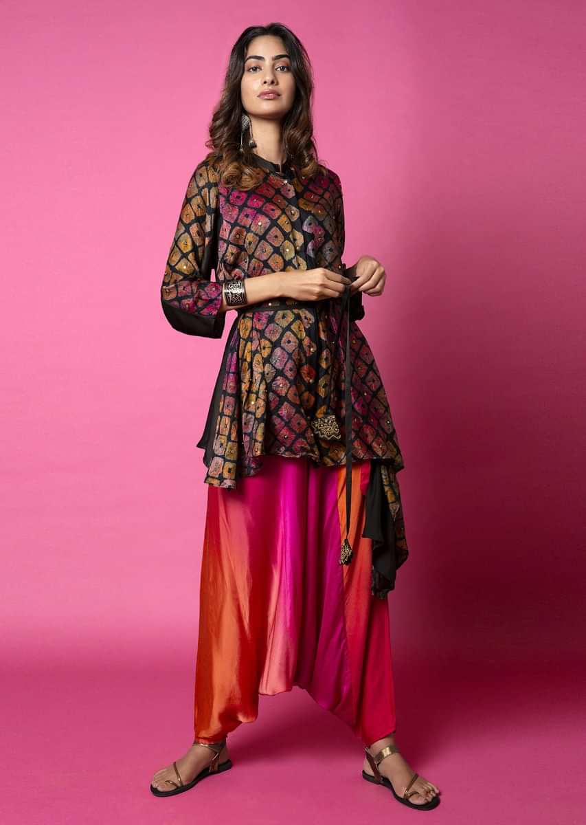 Ebony Black Shirt With Watercolor Bandhani And Hand Embroidery Paired With Sunrise Shaded Cowl Pants 