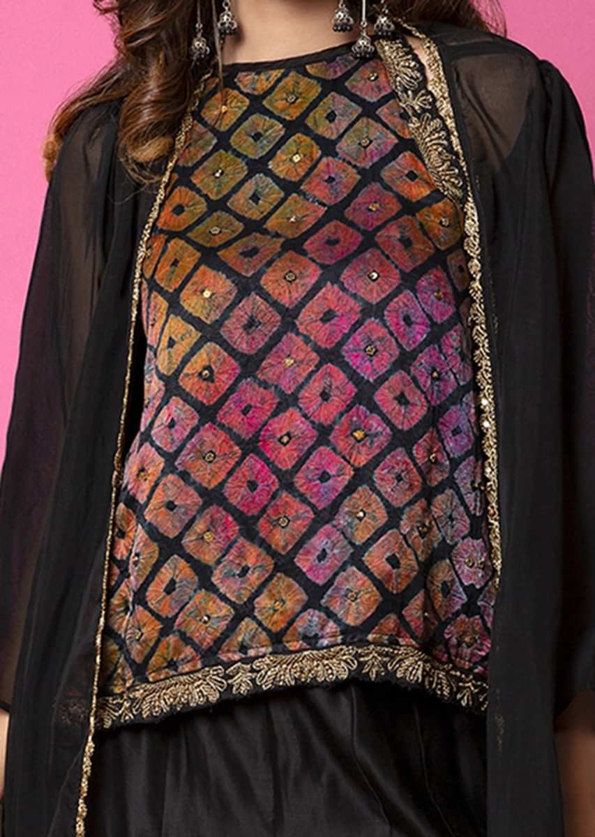 Ebony Black Top With Water Color Effect Bandhani Paired With Paneled Sharara Pants And Jacket  