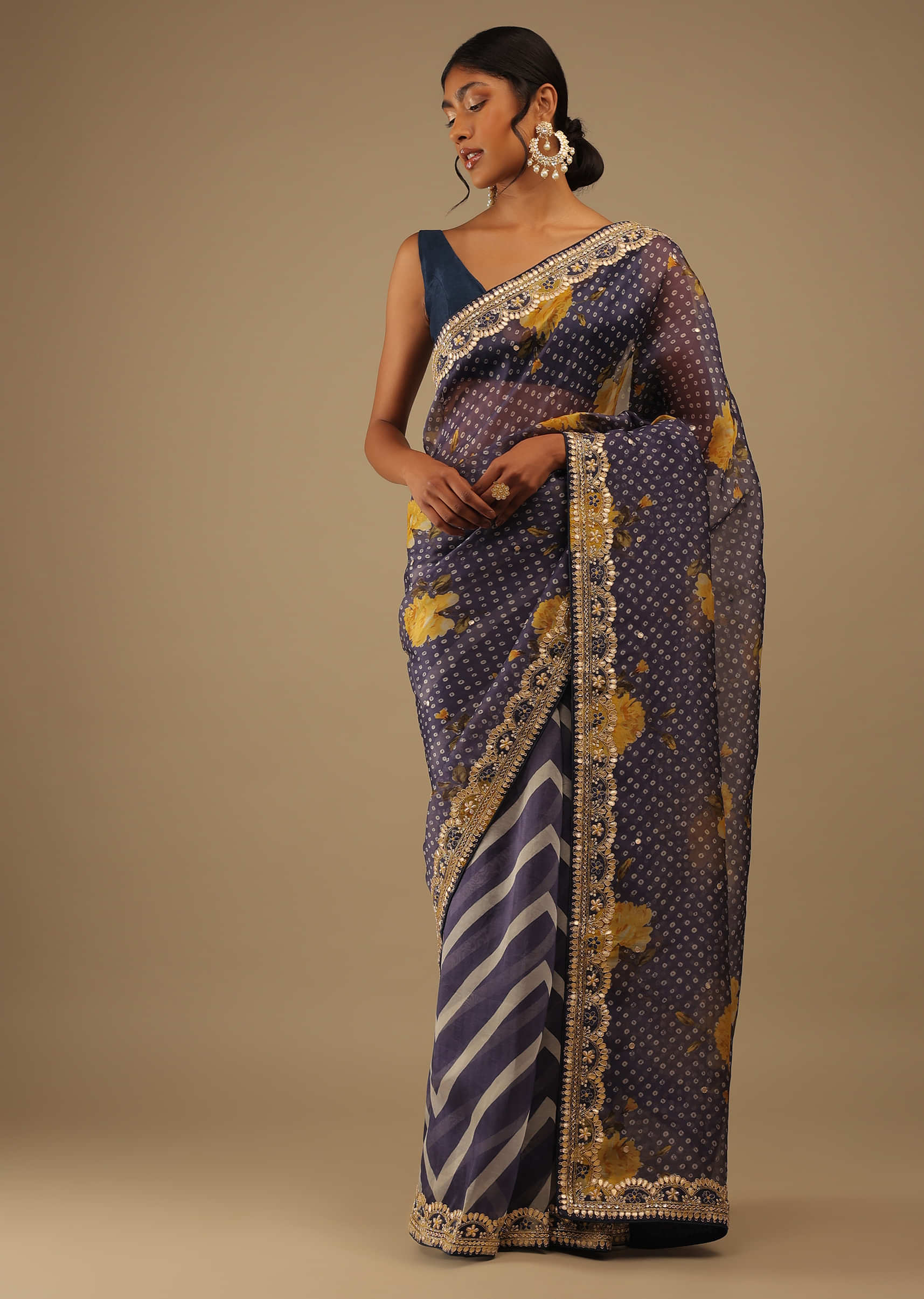 Eclipse Blue Saree In Digital Bandhani And Floral Print, Crafted In Silk With Gotta Patti Embroidery Buttis