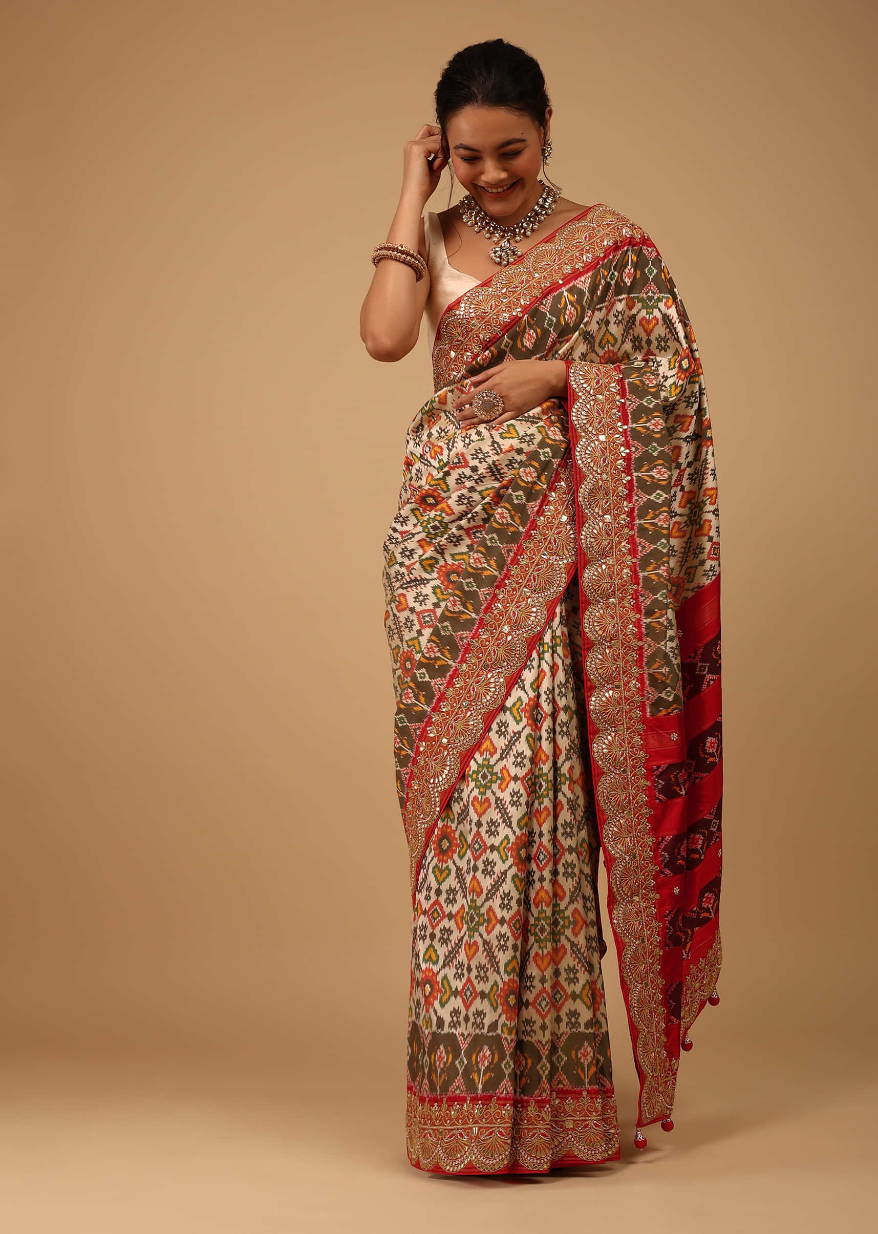 Beige White Saree In Pure Silk With Handloom Patola Ikat Weave