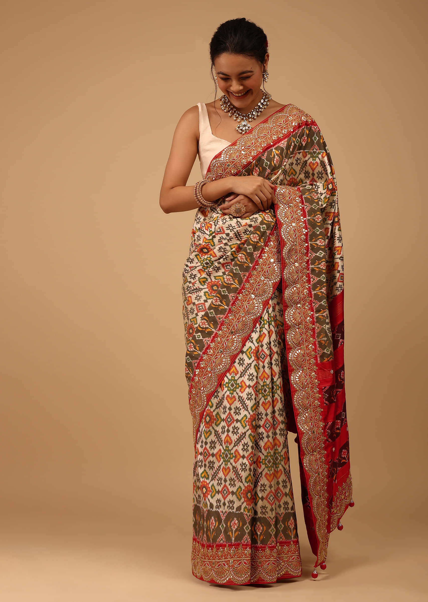 Beige White Saree In Pure Silk With Handloom Patola Ikat Weave