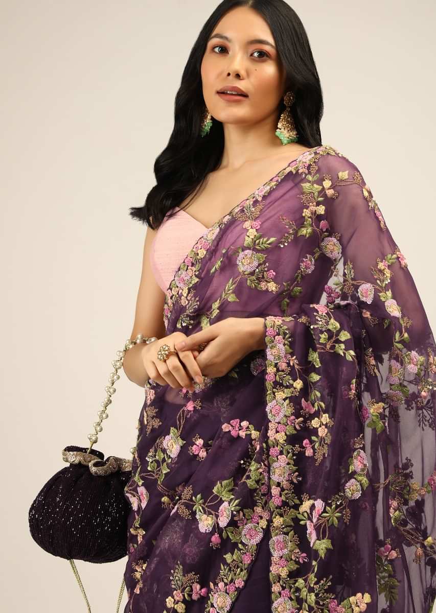 Eggplant Purple Saree In Organza With Multi Color Resham Embroidered Floral Motifs Along With Moti And Cut Dana Accents  