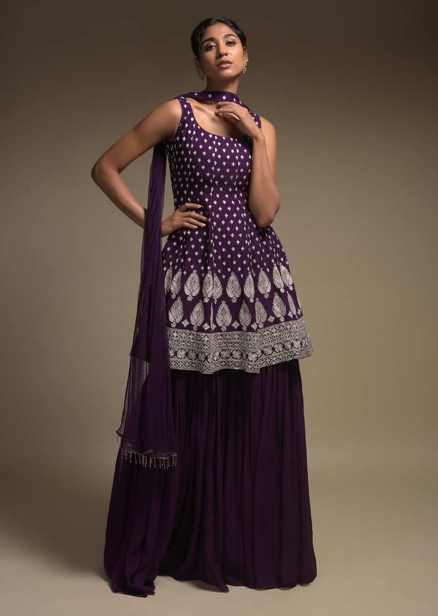  Eggplant Purple peplum Suit In Georgette With Resham Work Buttis And Floral Pattern