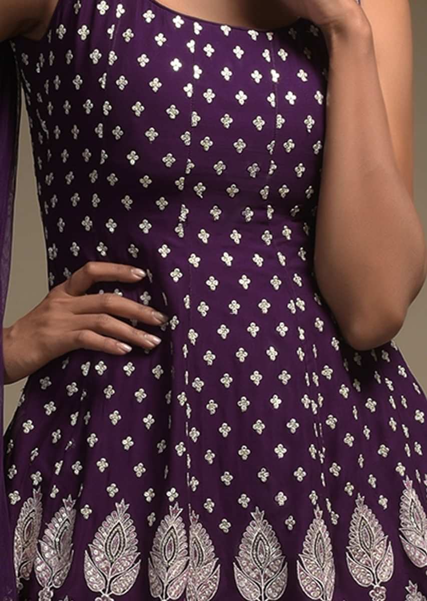  Eggplant Purple peplum Suit In Georgette With Resham Work Buttis And Floral Pattern