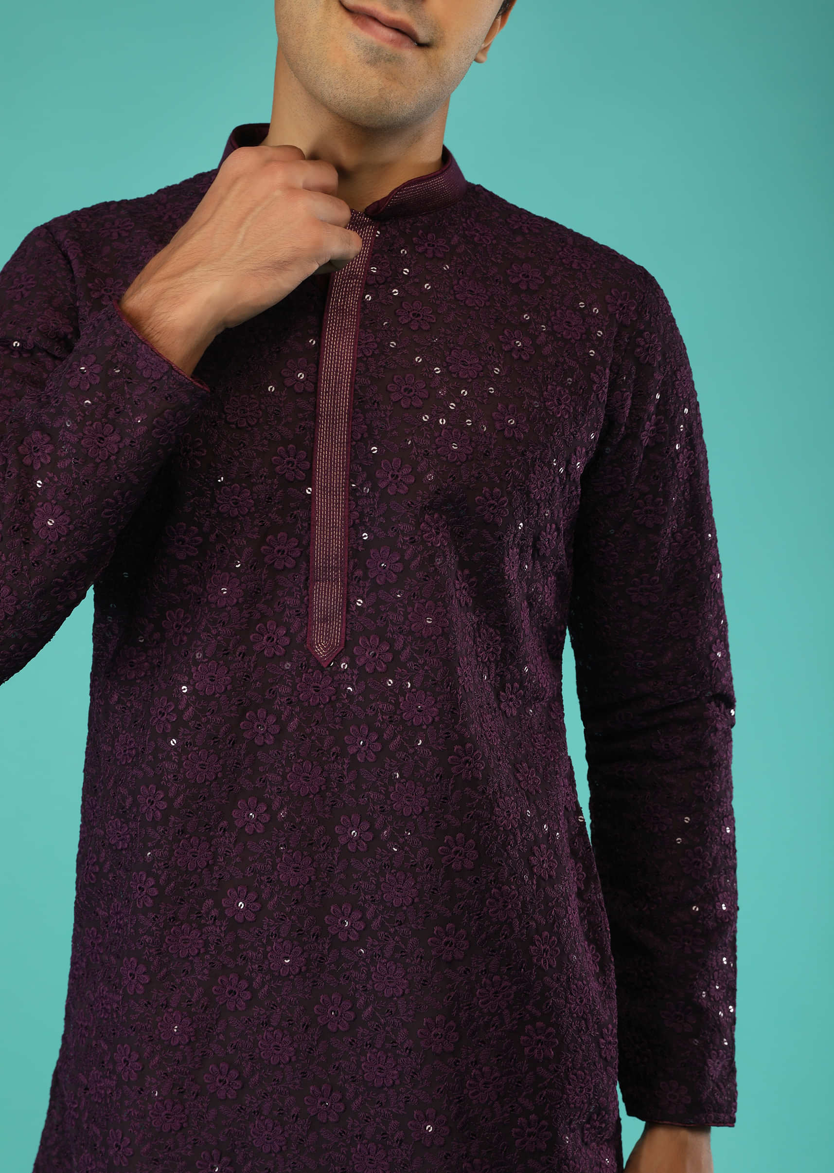 Eggplant Purple Kurta Set In Georgette With Lucknowi Resham And Sequins Embroidered Floral Jaal