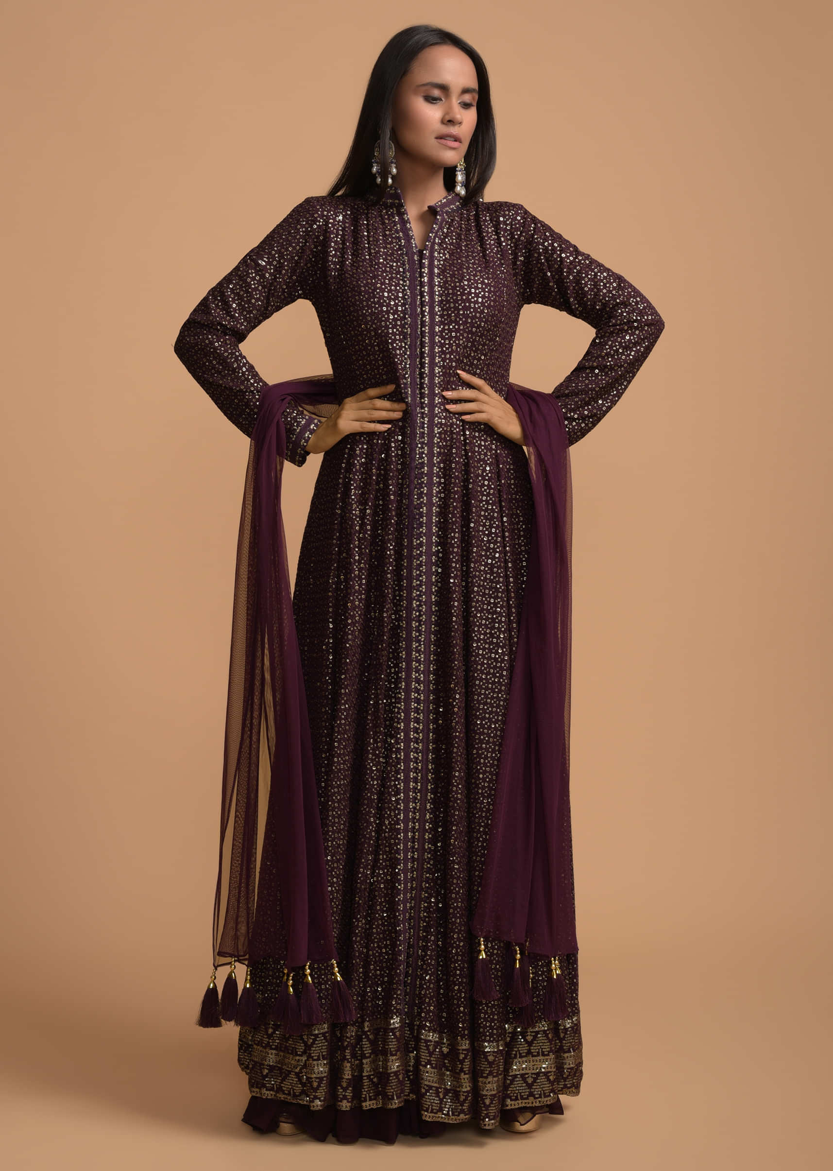 Eggplant Purple Sharara Suit With Sequins Embellished Anarkali Kurta Having Front Slit  