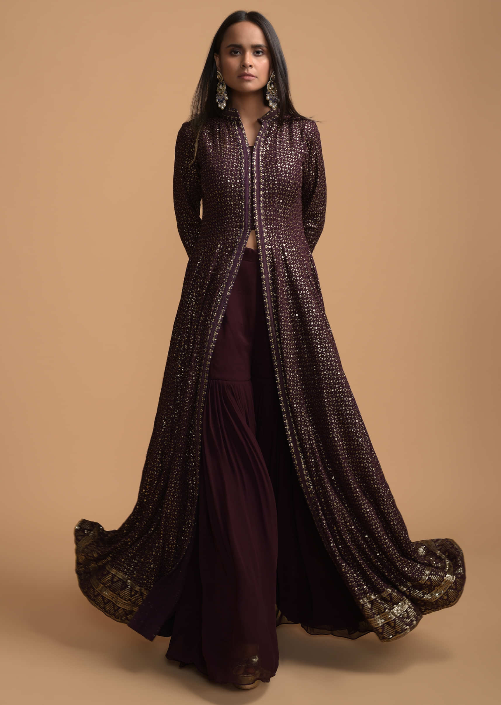 Eggplant Purple Sharara Suit With Sequins Embellished Anarkali Kurta Having Front Slit  