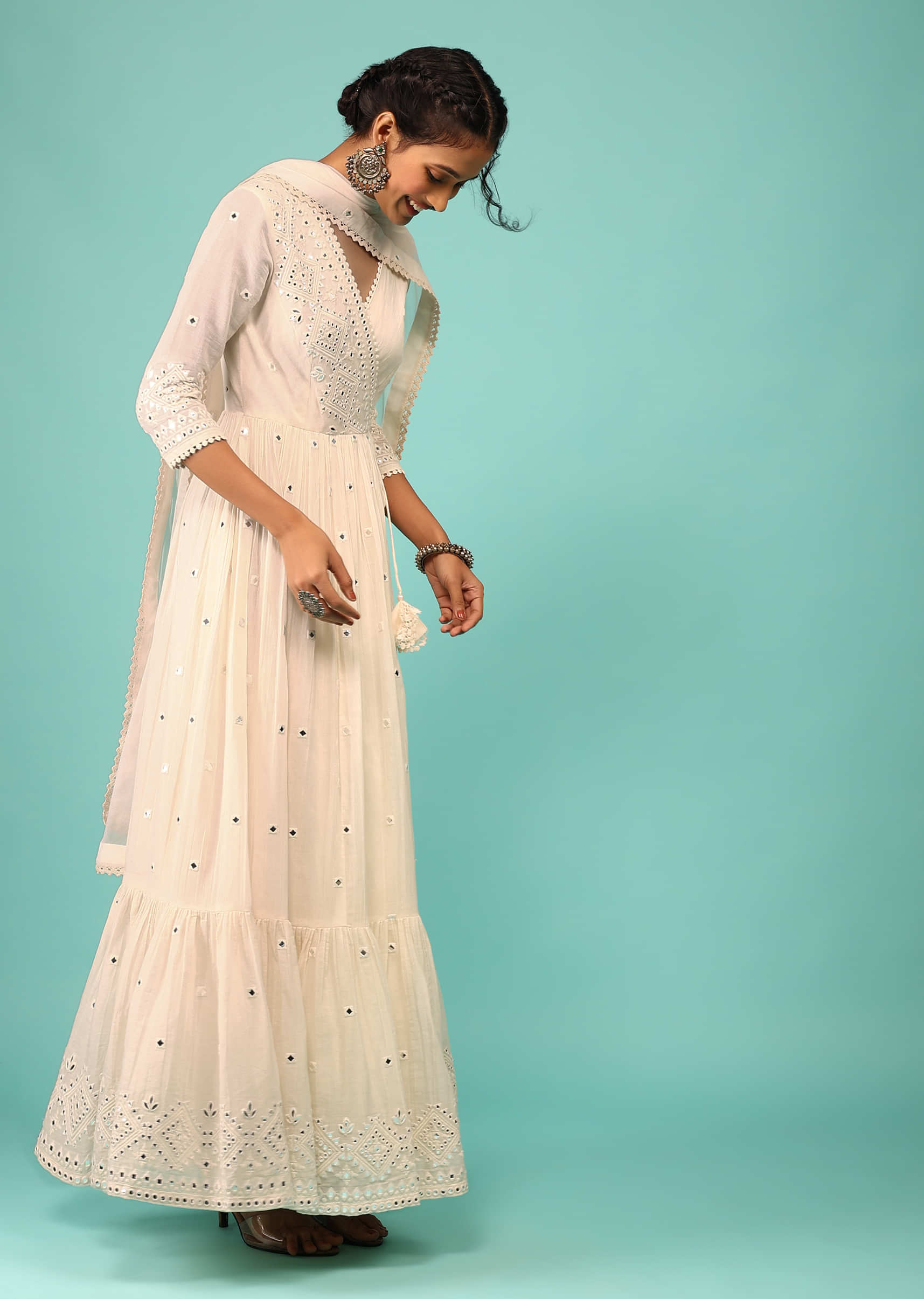 Pearl White Anarkali Kurta In Lucknowi Embroidery With Angrakha Pattern & Surplice Neckline