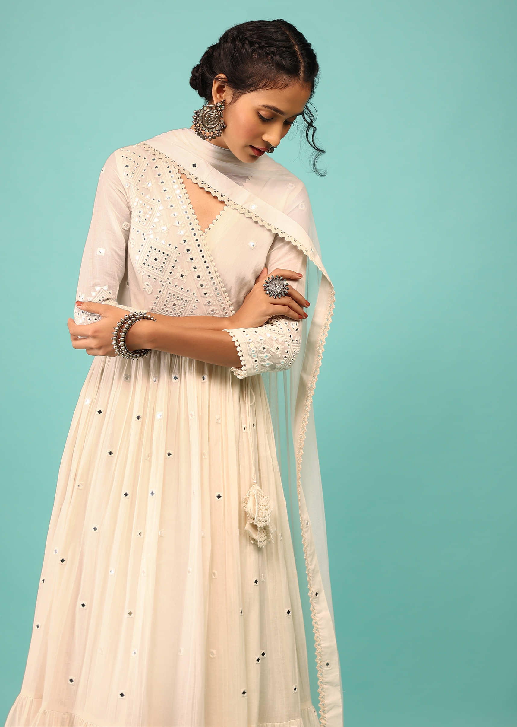 Pearl White Anarkali Kurta In Lucknowi Embroidery With Angrakha Pattern & Surplice Neckline