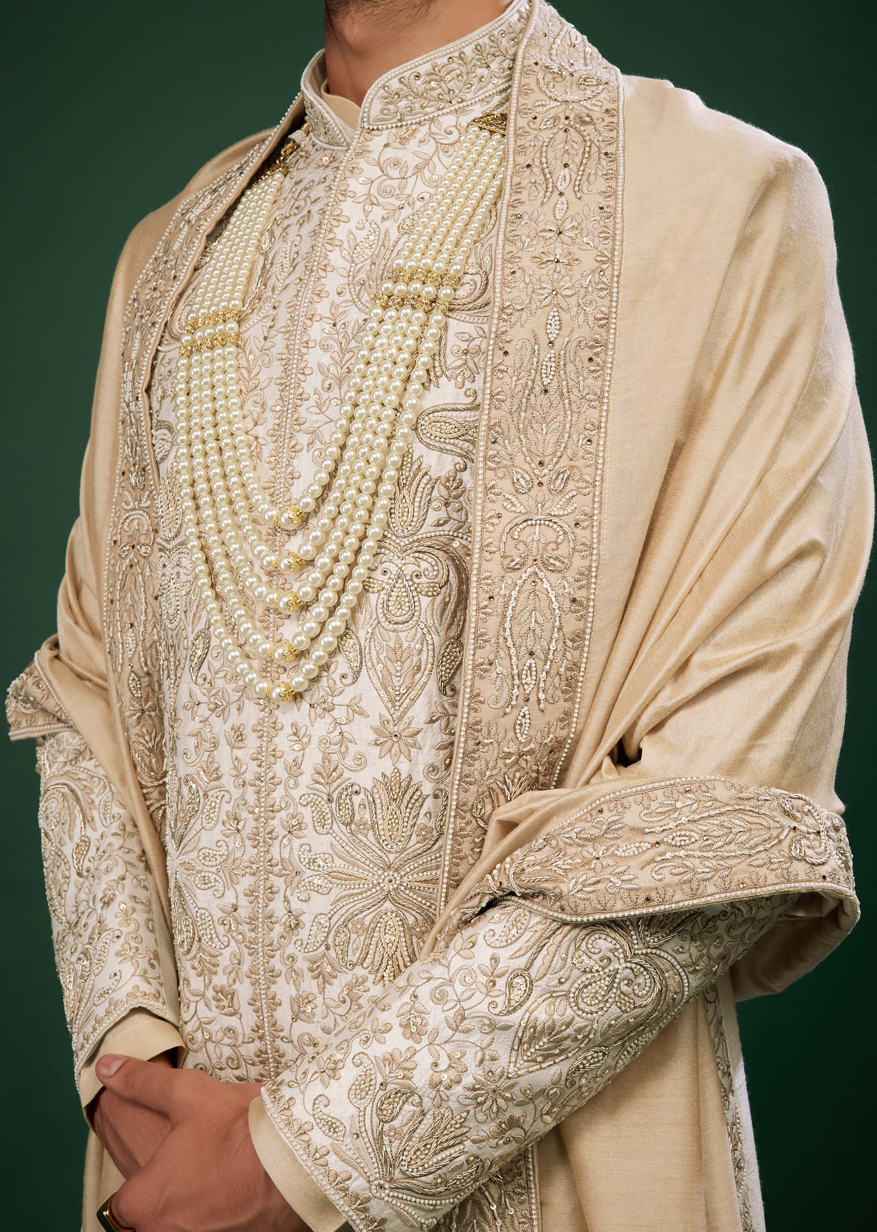 Beige White Embroidered Raw Silk Sherwani Set
