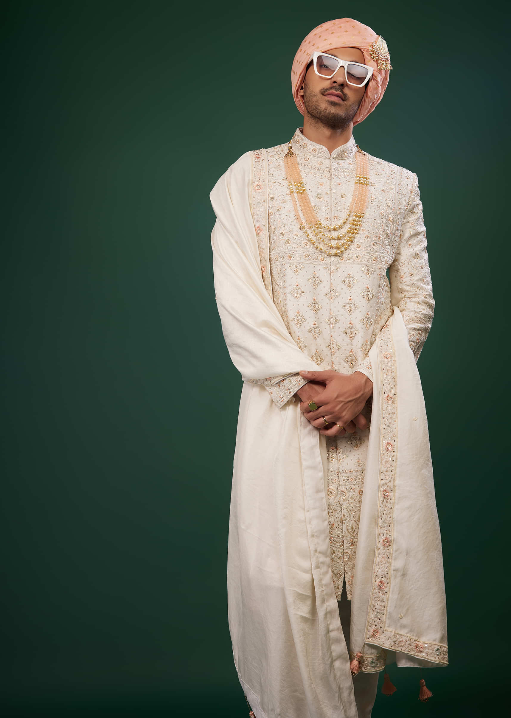 Ivory White Embroidered Sherwani Set In Raw Silk