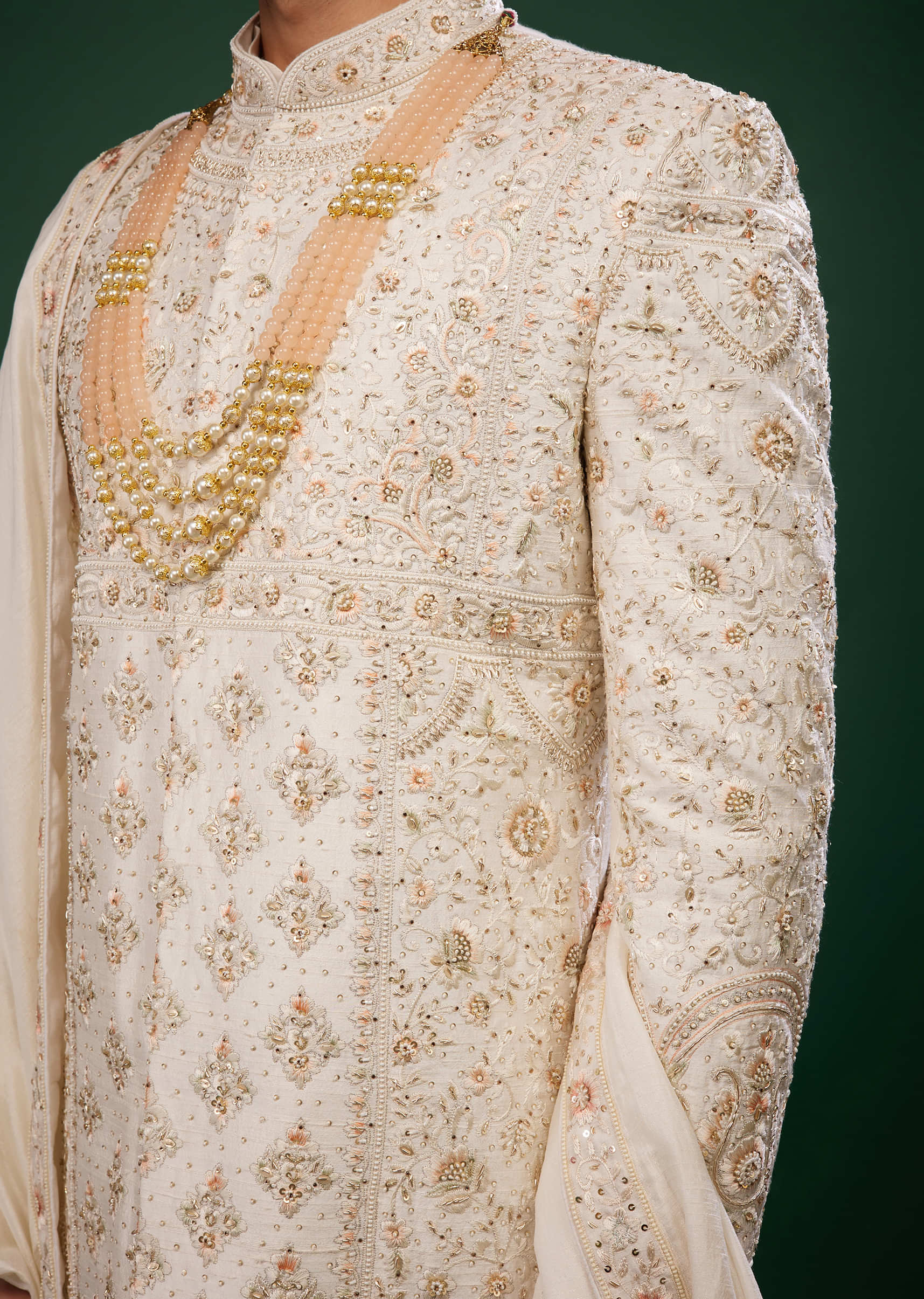 Ivory White Embroidered Sherwani Set In Raw Silk