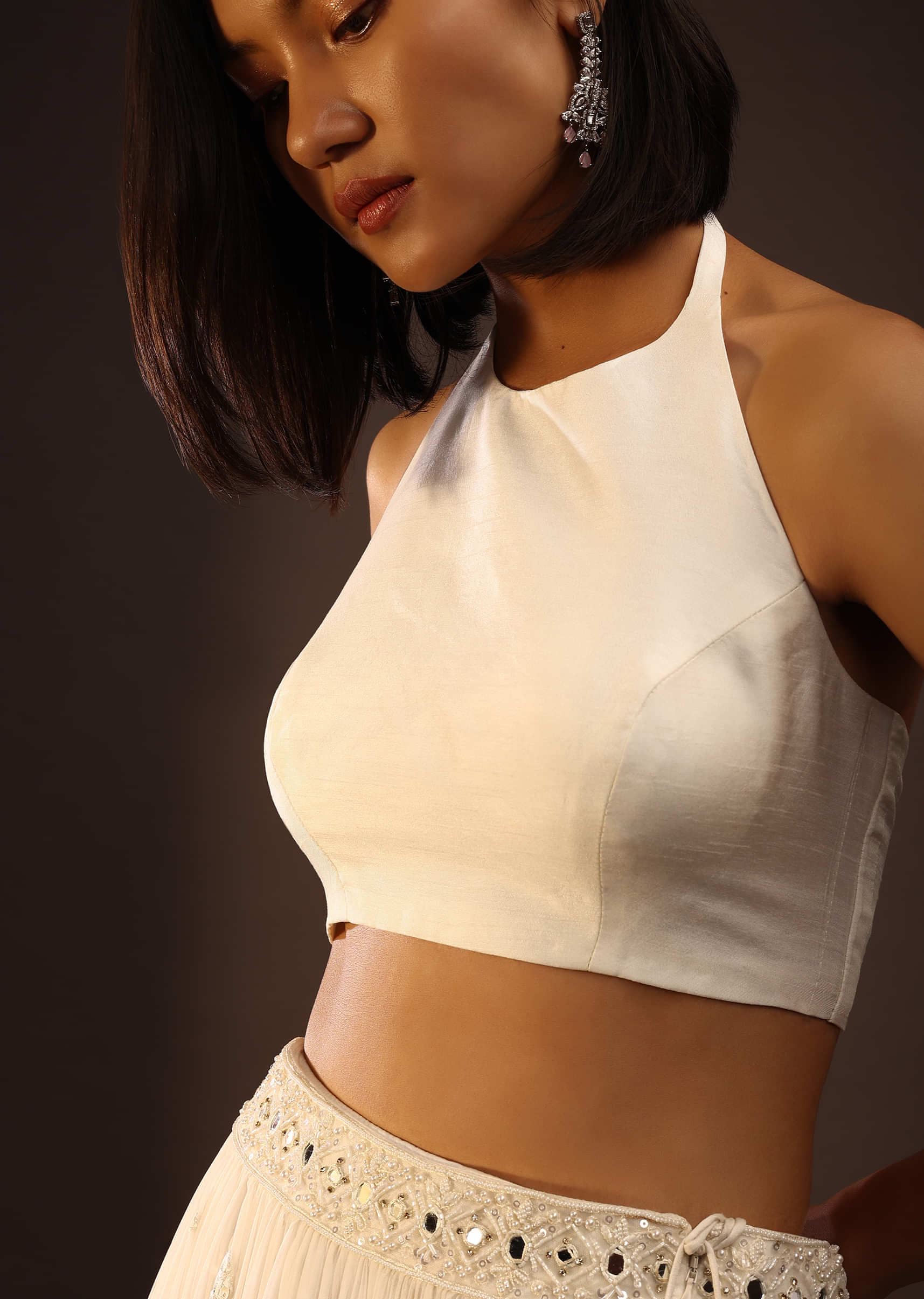 Egret White Halter Neck And Back Tie-Up Blouse With Back Hooks Closure