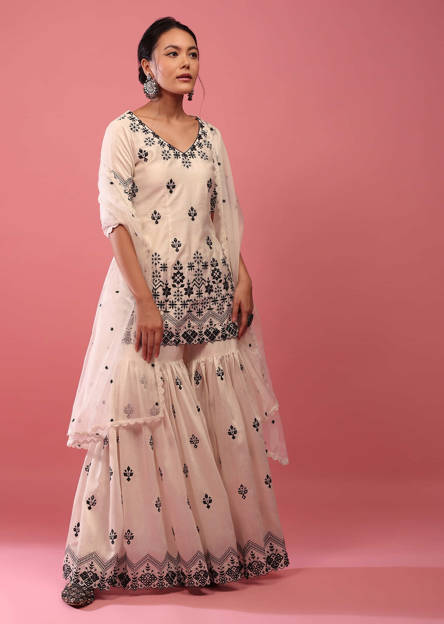 Daisy White Lucknowi Sharara Suit In Cotton With Embroidery