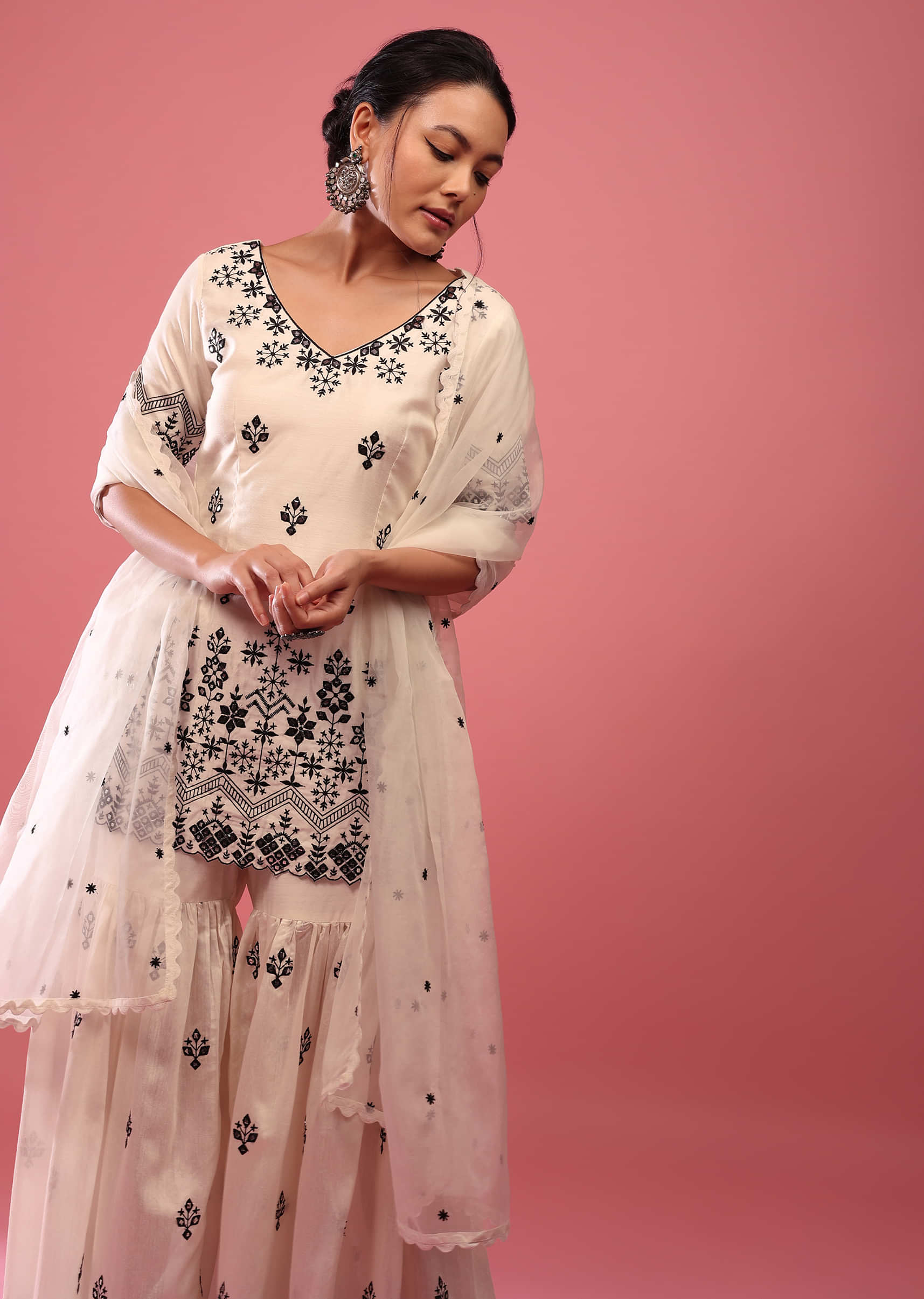 Daisy White Lucknowi Sharara Suit In Cotton With Embroidery