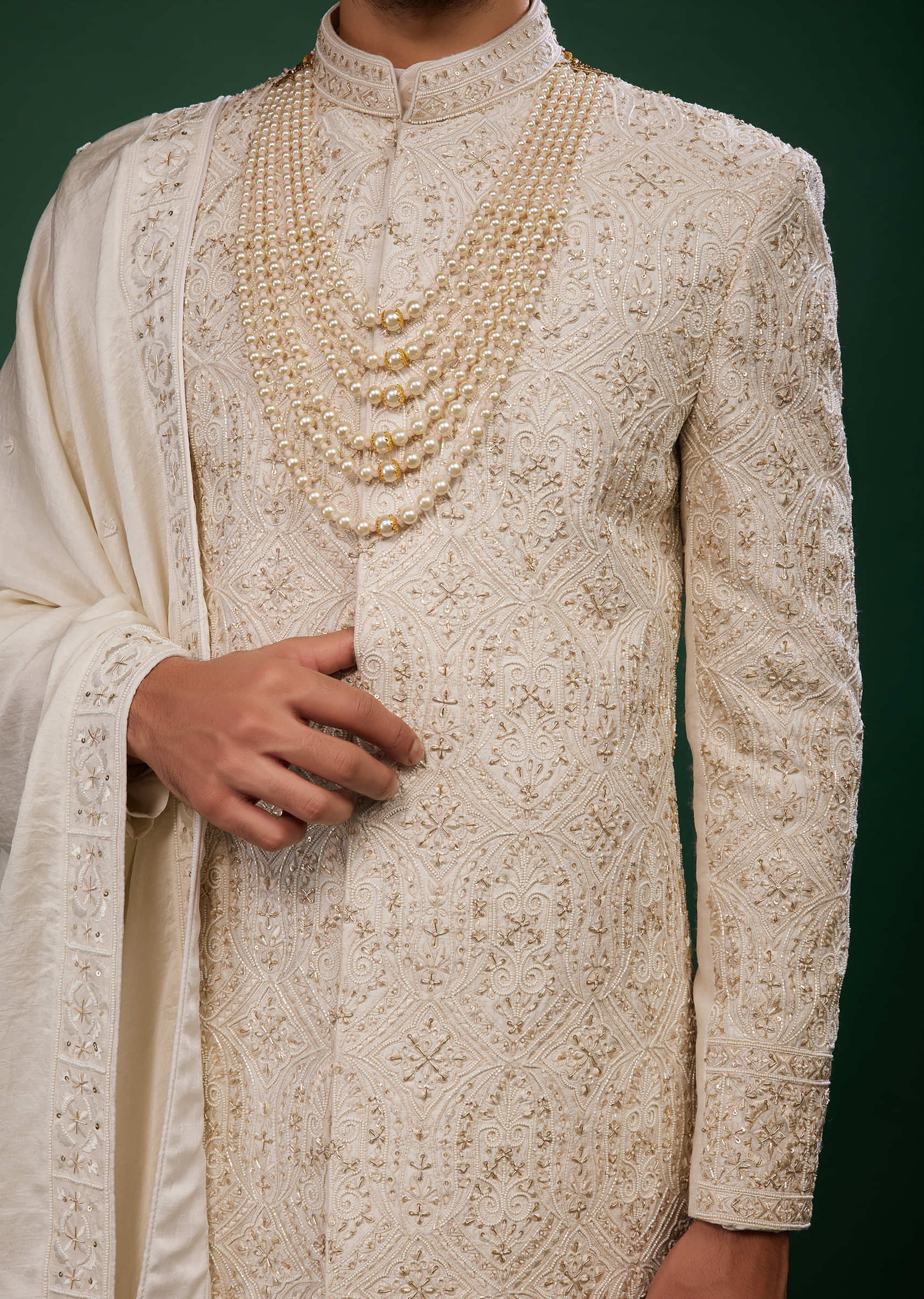 Cream White Raw Silk Sherwani Set With Embroidery