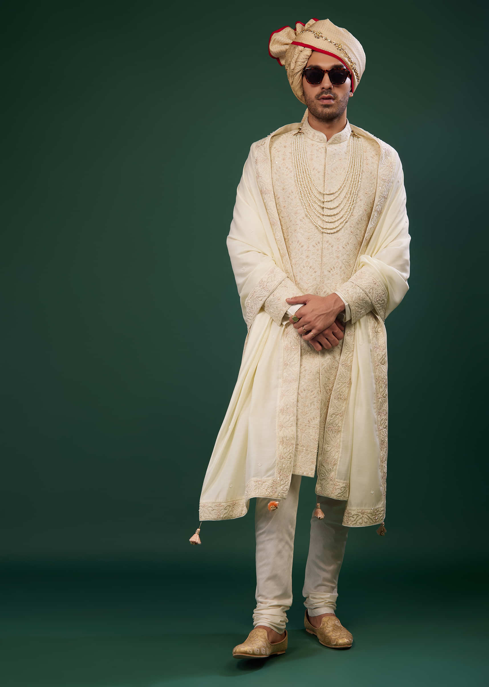 Pearl White Sherwani Set With Embroidery In Raw Silk