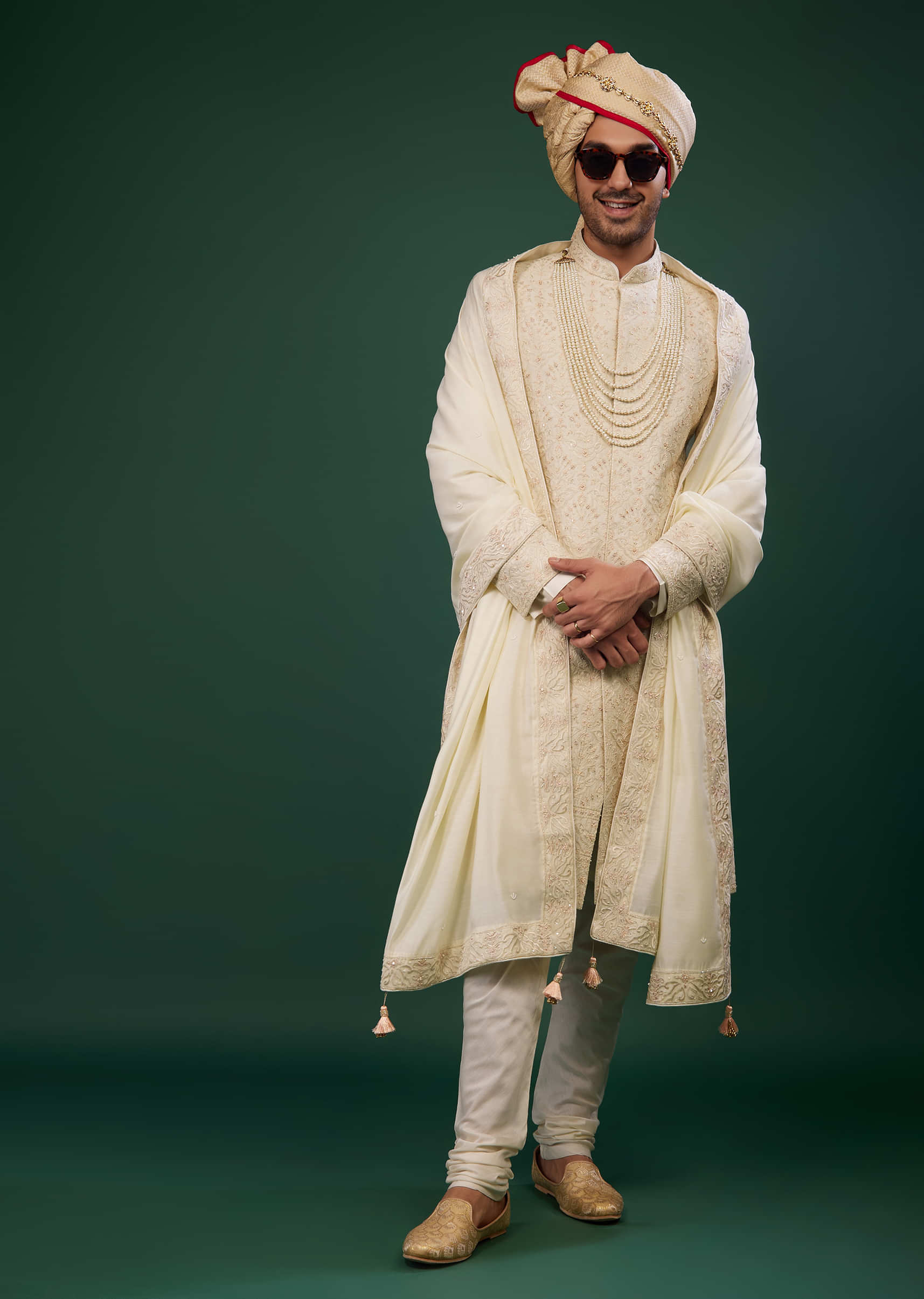 Pearl White Sherwani Set With Embroidery In Raw Silk