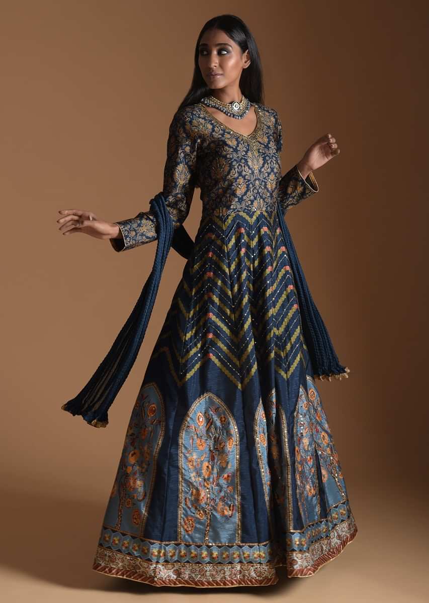 Egyptian Blue Anarkali Suit In Raw Silk With Chevron And Floral Heritage Print  
