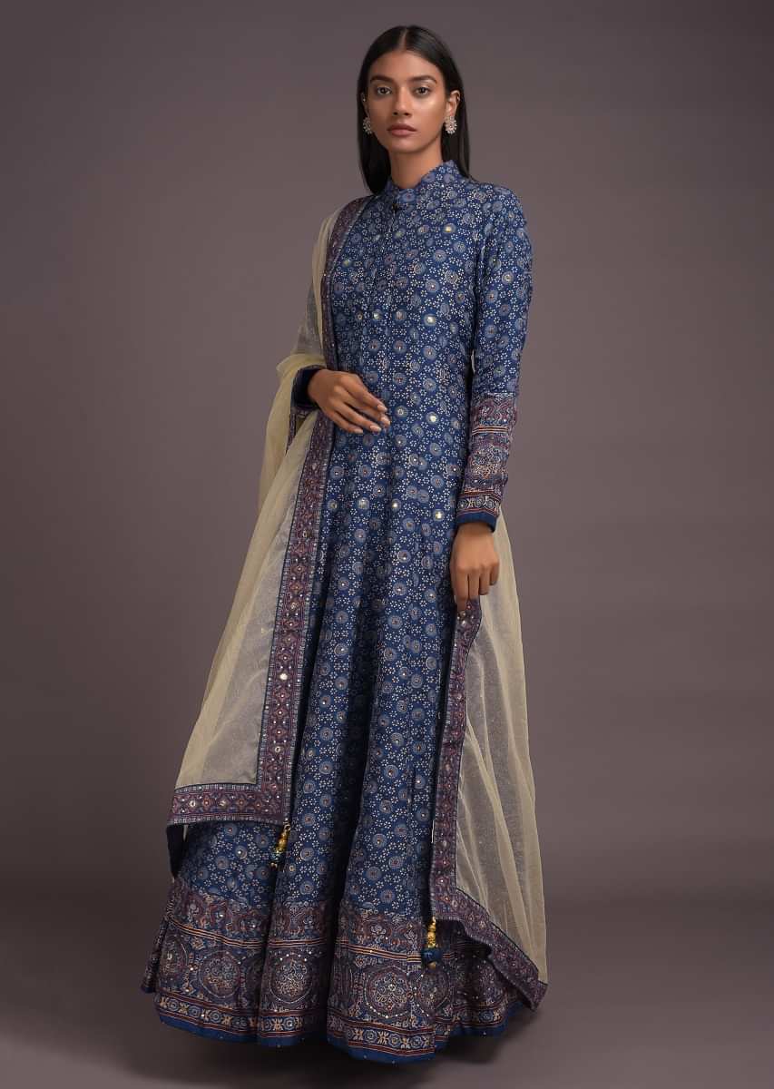 Buy Egyptian Blue Anarkali Suit With Geometric Jaal Print And Gotta ...