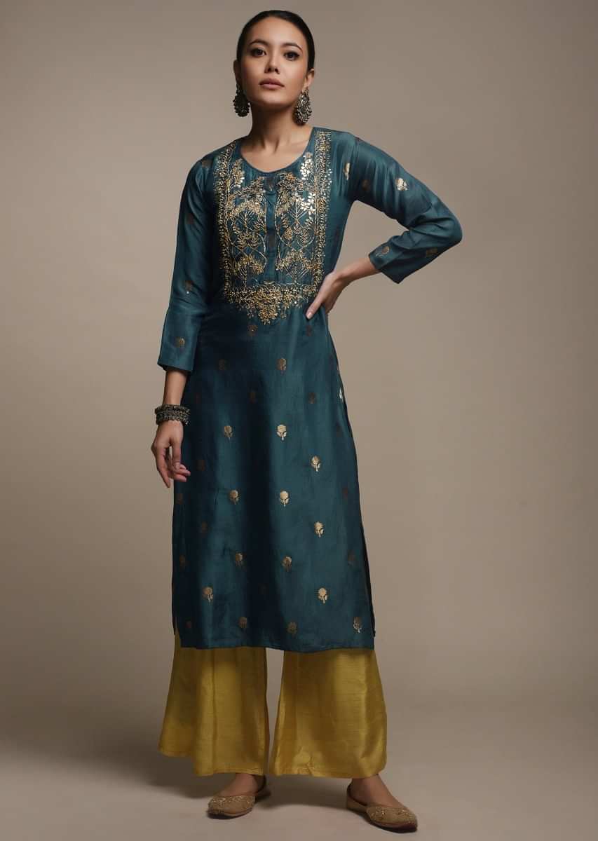 Buy Butter Yellow Kurti In Crepe With Floral And Mughal Print And Kundan  Accents Online  Kalki Fashion