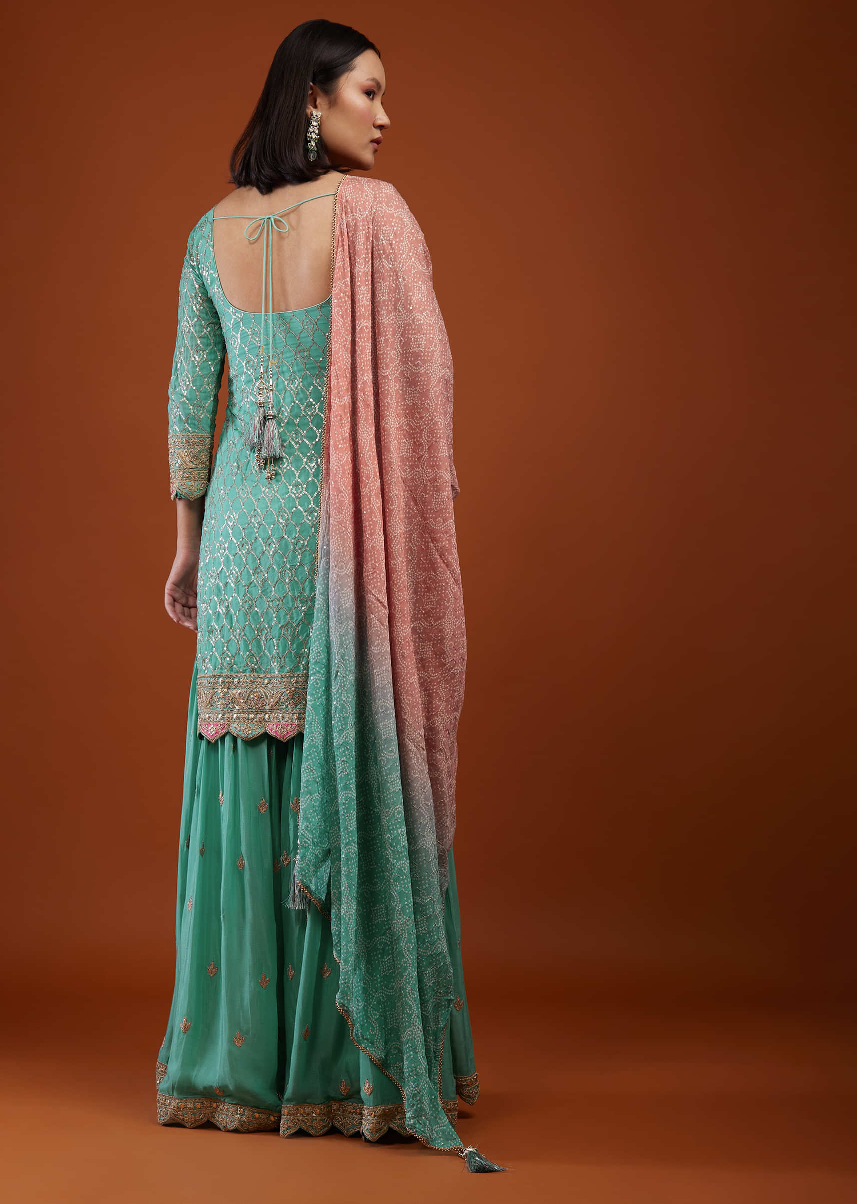 Sea Green Sharara Suit With Embroidery And Bandhani Dupatta