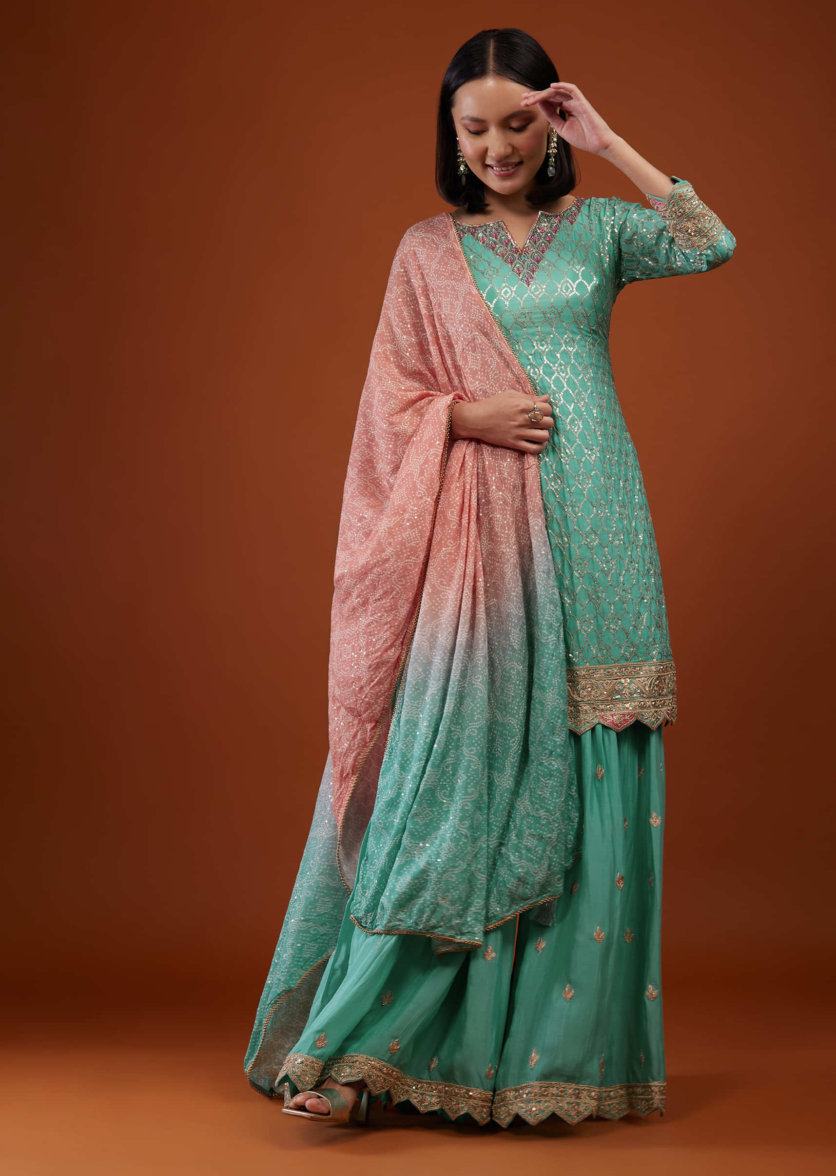 Sea Green Sharara Suit With Embroidery And Bandhani Dupatta