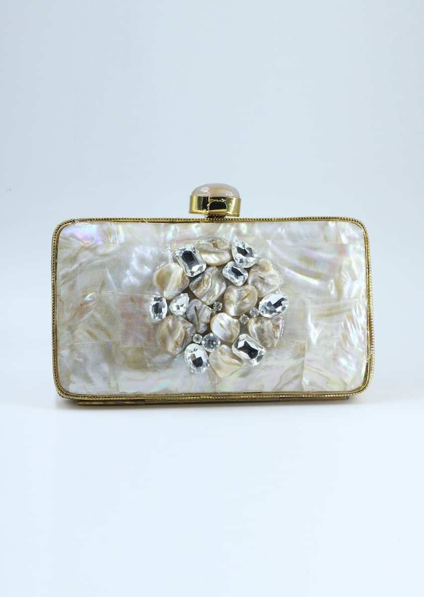 Elegant metallic clutch adorn with mother of pearls, crystal and stones 