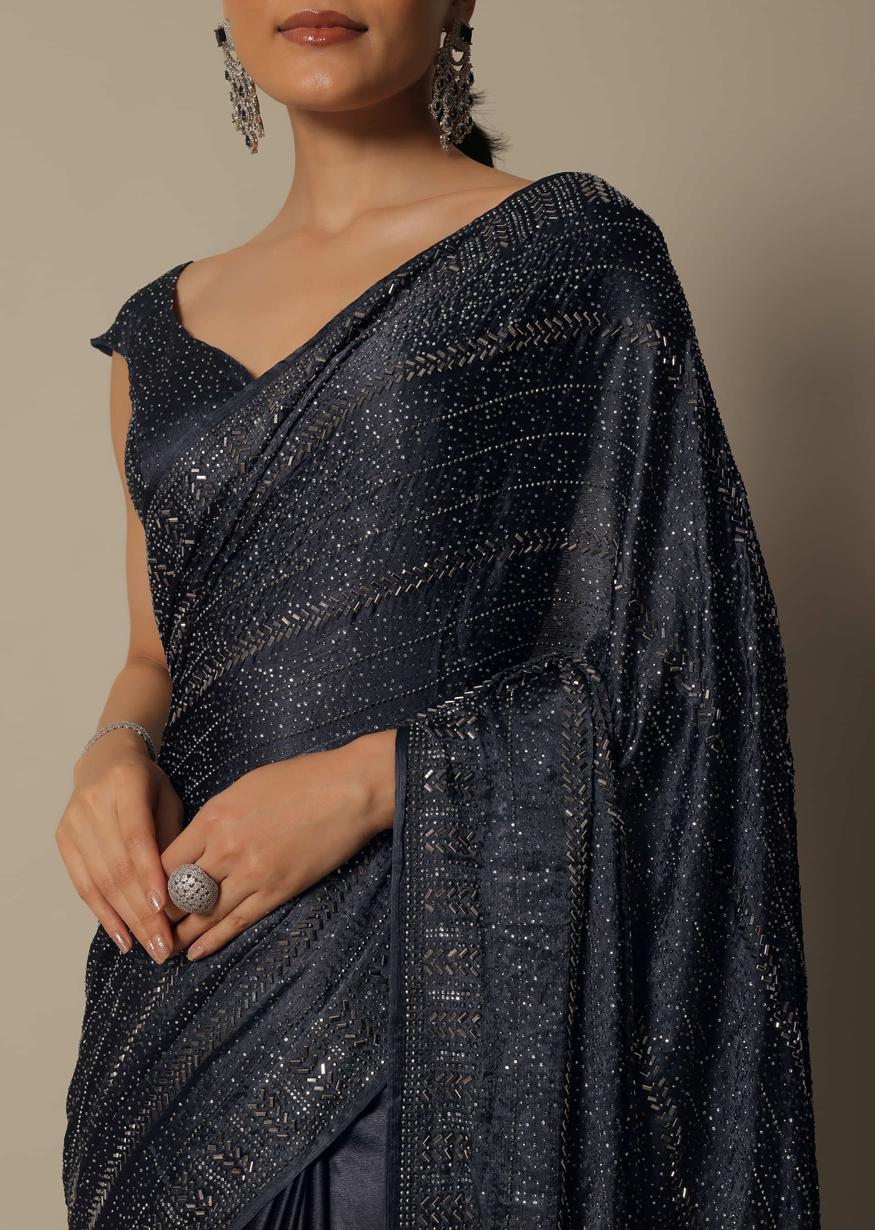 Buy Grey Georgette Saree With Badla Work And Unstitched Blouse Piece-Kalki  Fashion India