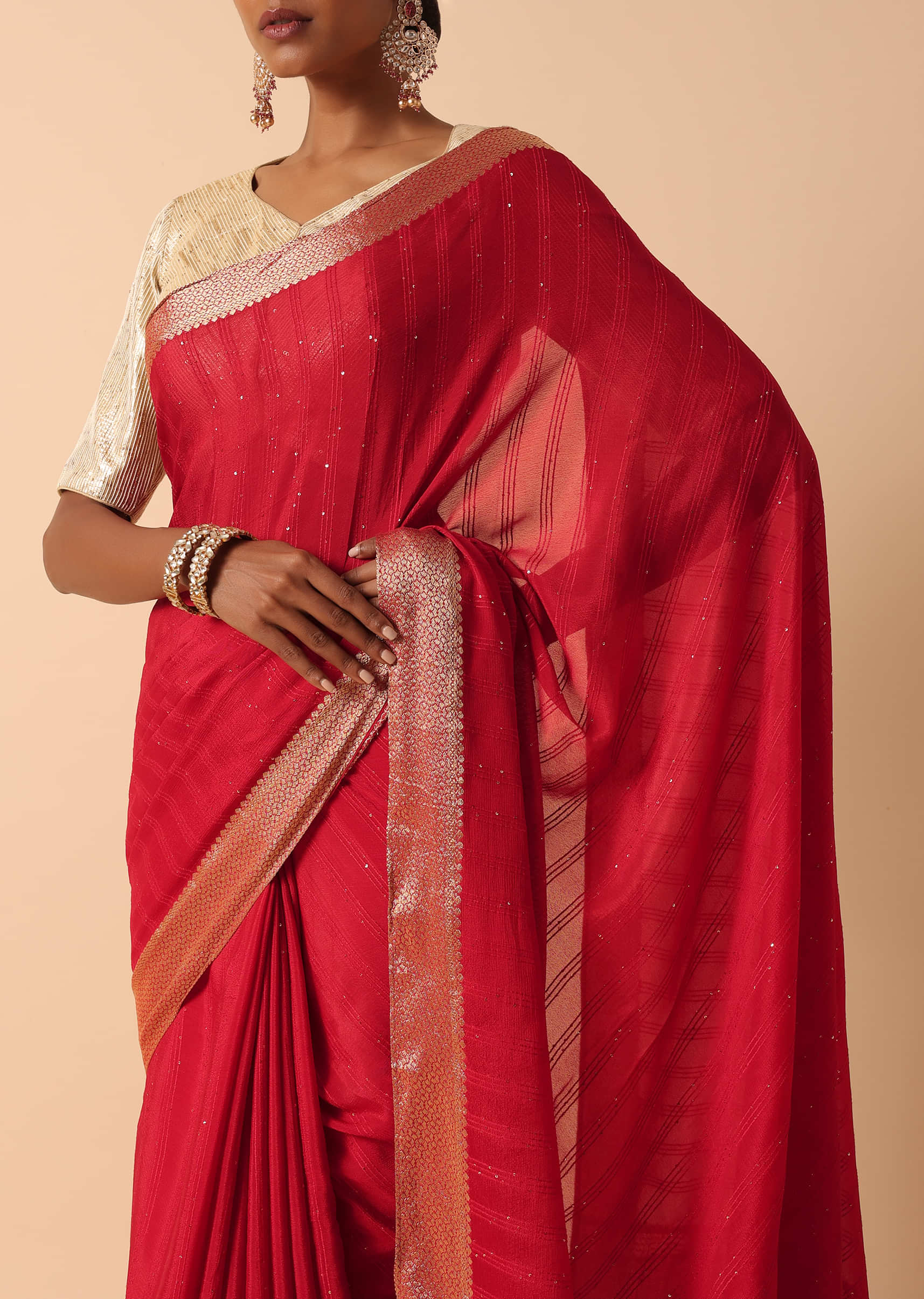 Buy Elegant Red Linen Saree With Readymade Stitched Blouse KALKI Fashion  India