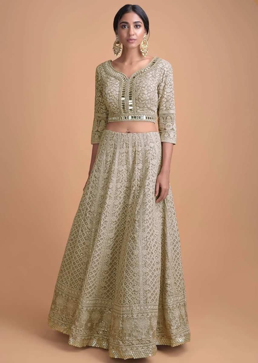 Brown beige Lehenga Choli With Lucknowi Work In Geometric And Floral Pattern 