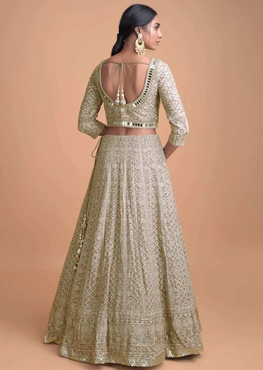 Brown beige Lehenga Choli With Lucknowi Work In Geometric And Floral Pattern 
