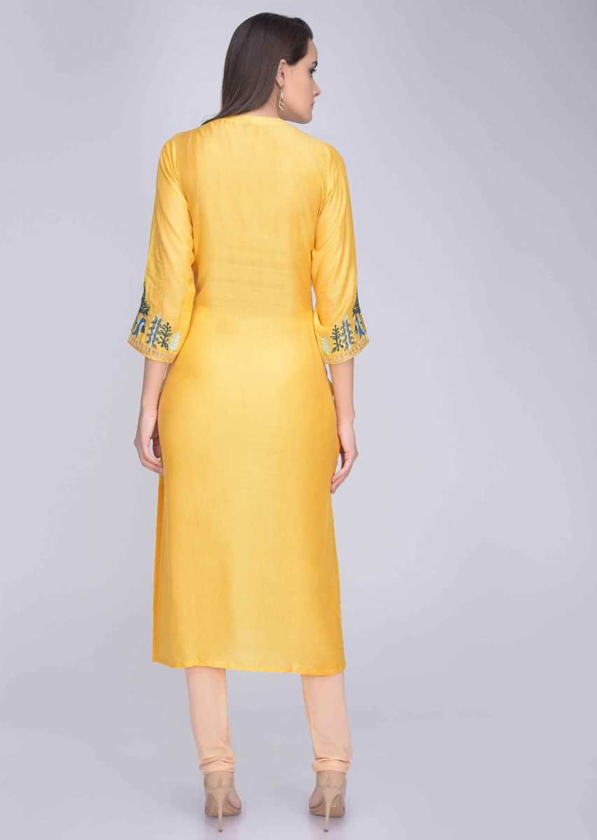 Chrome Yellow Kurti In Crepe With Embroidery Work