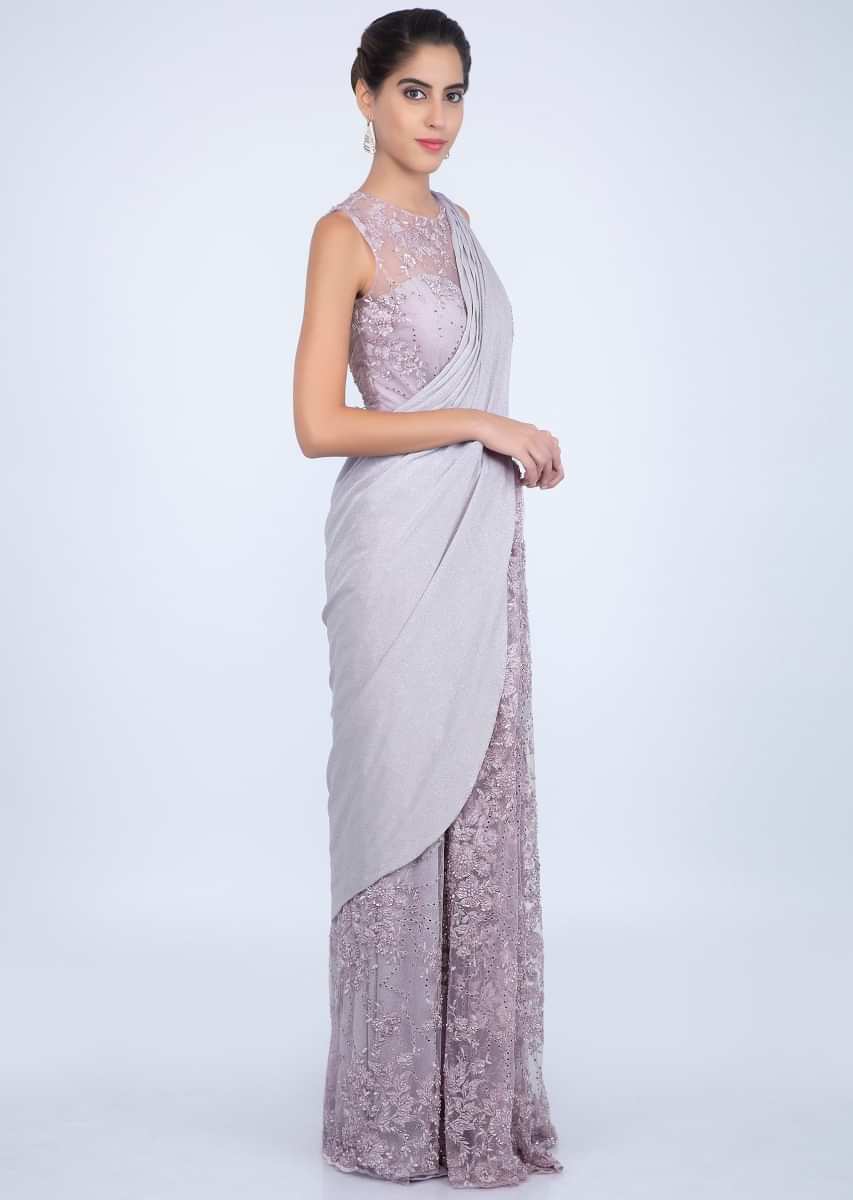 Lilac Saree Gown In Embroidered Net With Shimmer Lycra Draped Pallu Online - Kalki Fashion