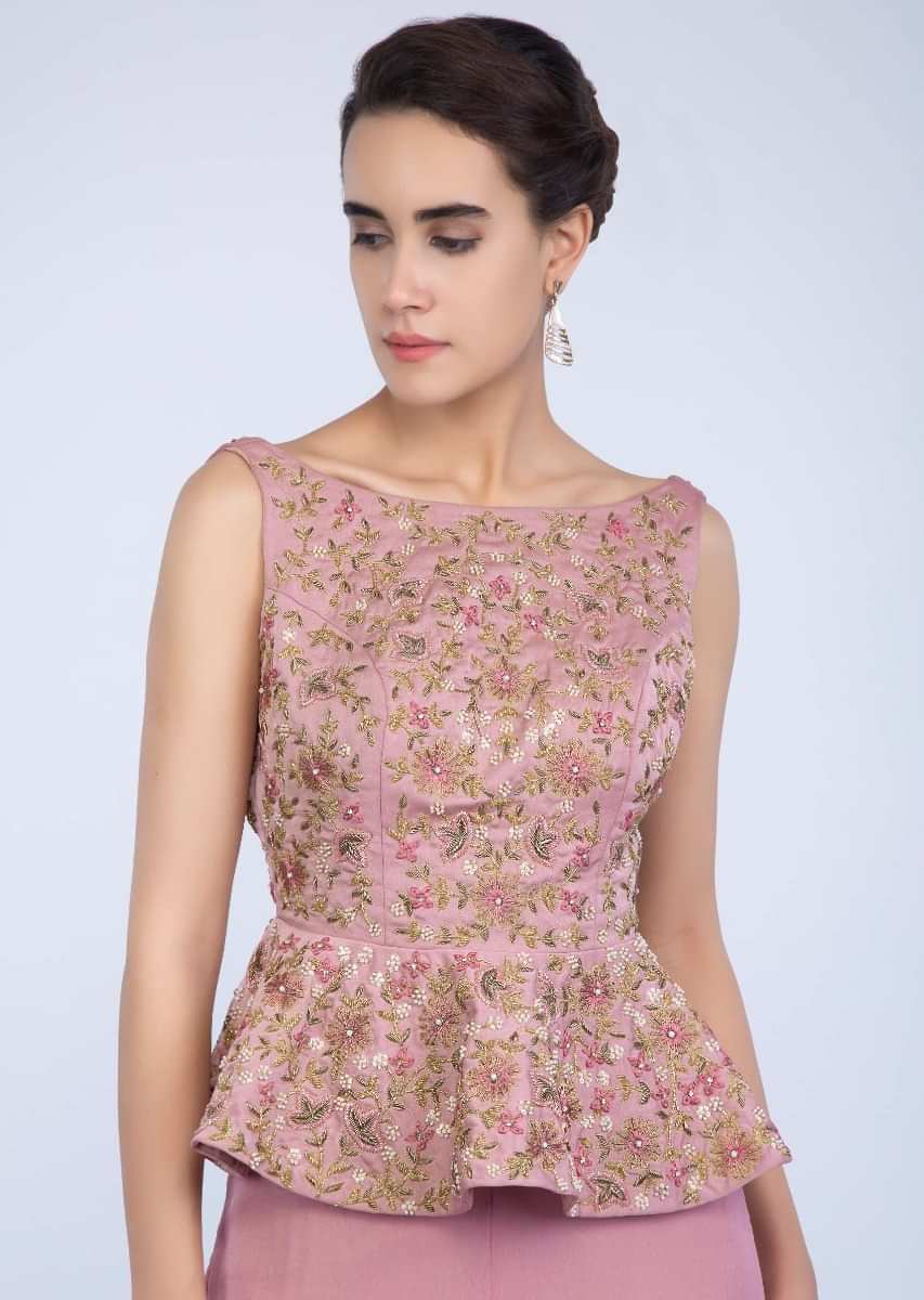 Embroidered Pink Peplum Top With Matching Sharara And Net Dupatta Online - Kalki Fashion