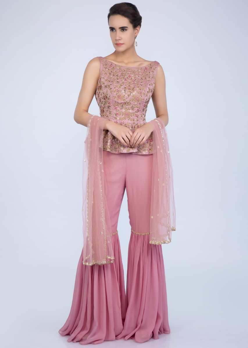 Embroidered Pink Peplum Top With Matching Sharara And Net Dupatta Online - Kalki Fashion