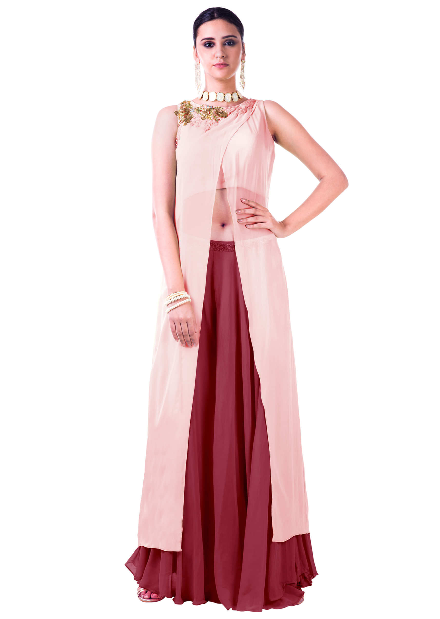 Embroidered Blush Pink Overlapped Crop Top with Maroon Palazzo Pant